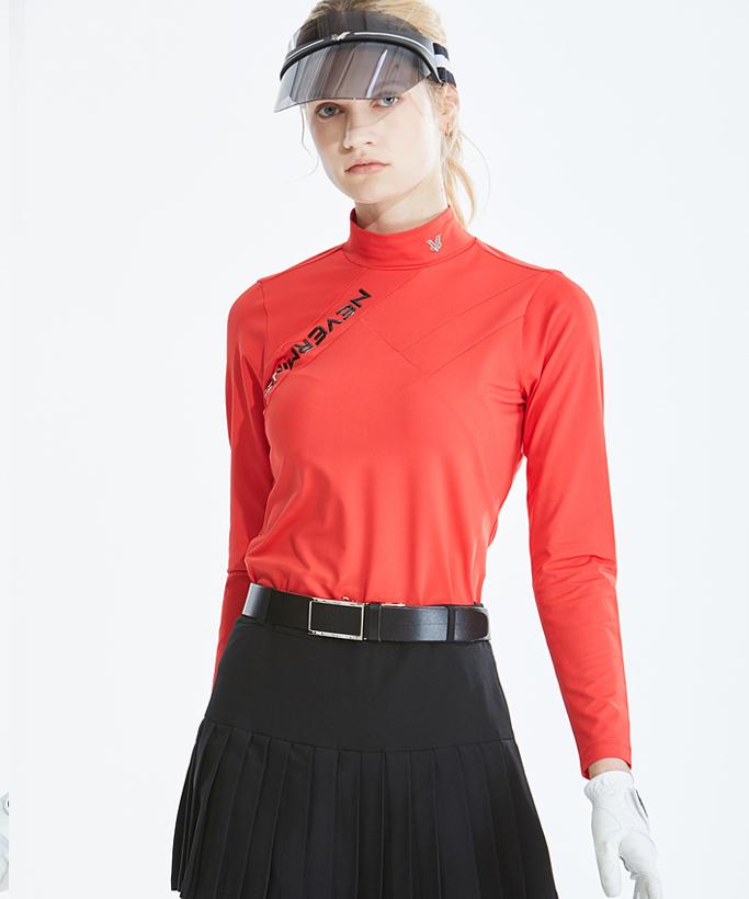 Ashlyn Line Long Sleeve top featuring diagonal incisions and a high-neck design, perfect for golf and casual wear.