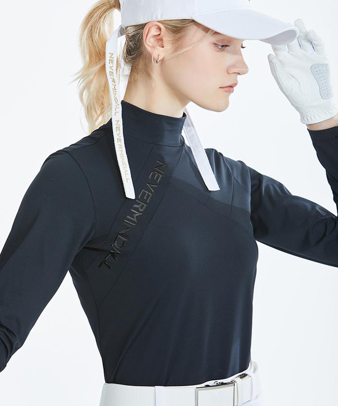 Ashlyn Line Long Sleeve top featuring diagonal incisions and a high-neck design, perfect for golf and casual wear.