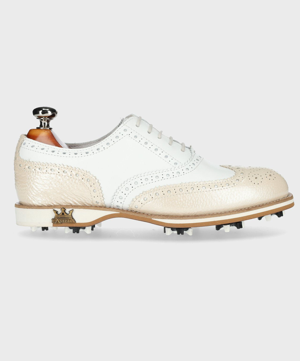 Asti Golden Ladies golf shoe showcasing premium waterproof leather and cork footbed, designed for comfort and performance.