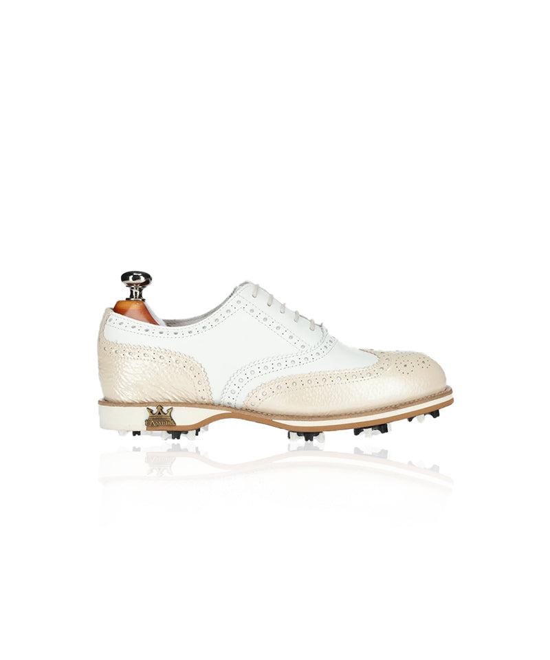 Asti Golden Ladies golf shoe showcasing premium waterproof leather and cork footbed, designed for comfort and performance.