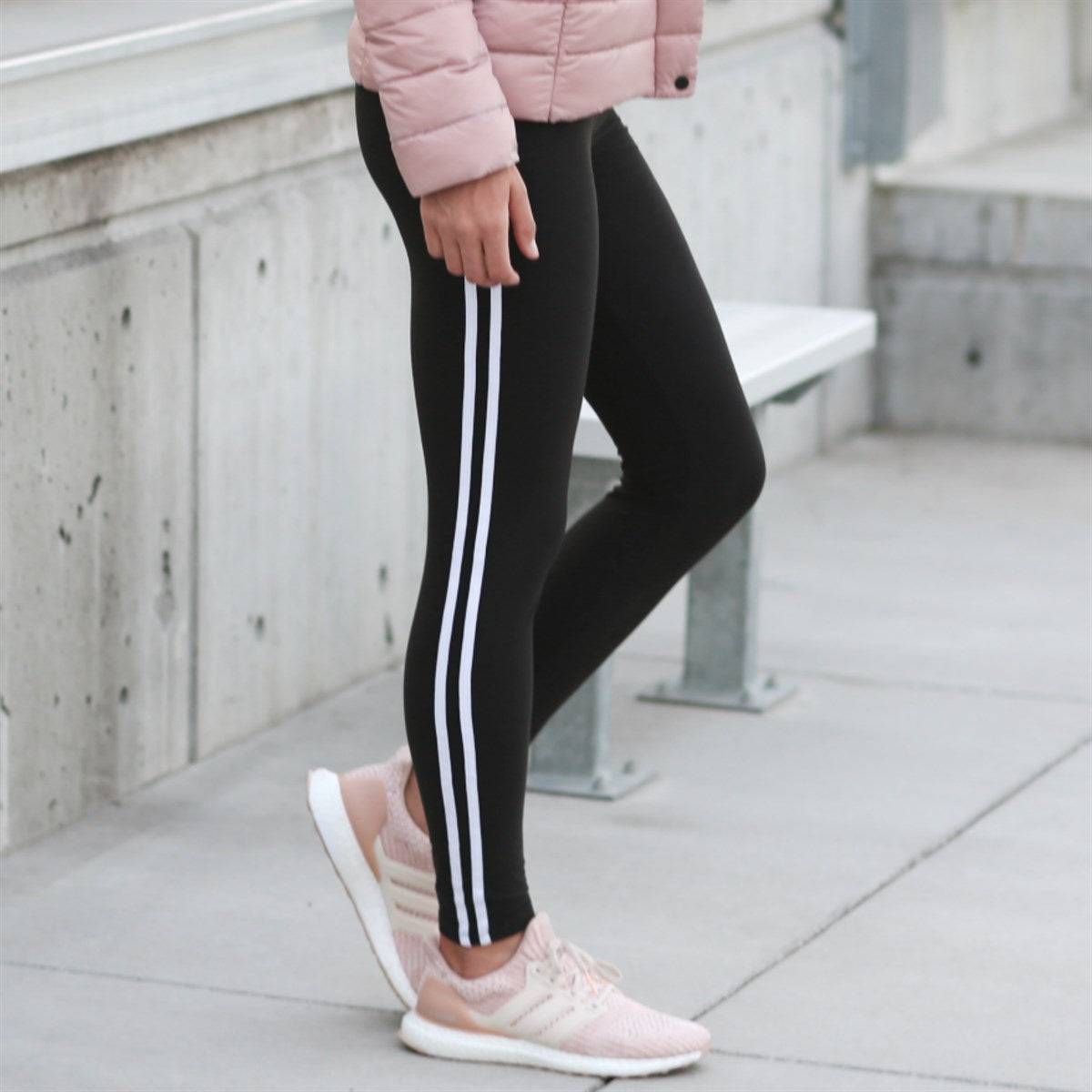 Athleisure Soft Stripe Leggings featuring a stylish side stripe detail, made from soft polyester and spandex blend for ultimate comfort.