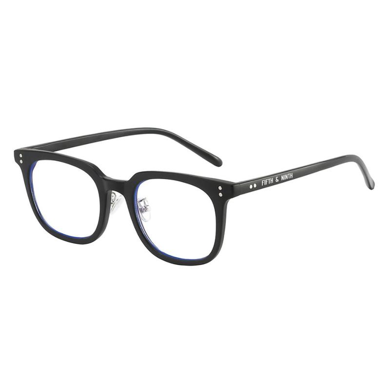 Austin Blue Light Glasses with a stylish square frame, accompanied by a transparent travel case.