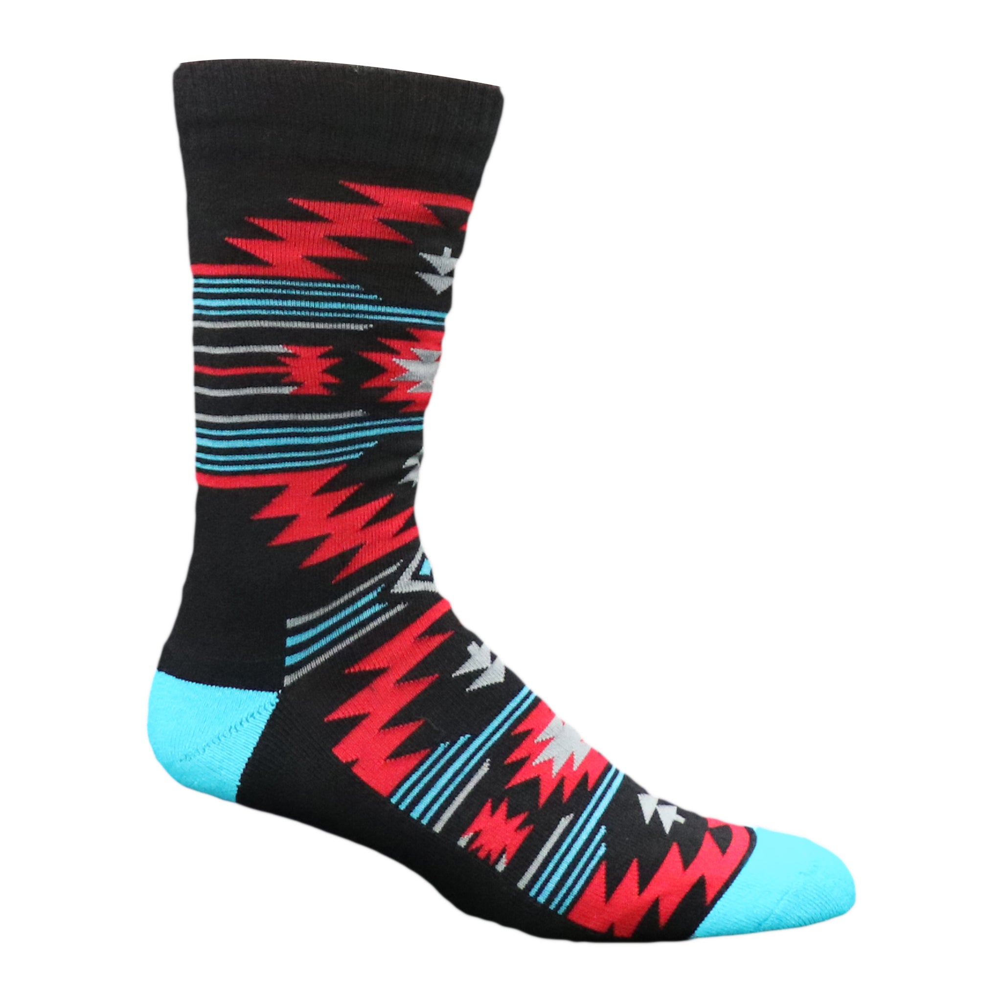 A pair of Aztec Lightning Crew Socks featuring vibrant native patterns in bright colors, perfect for sports and casual wear.