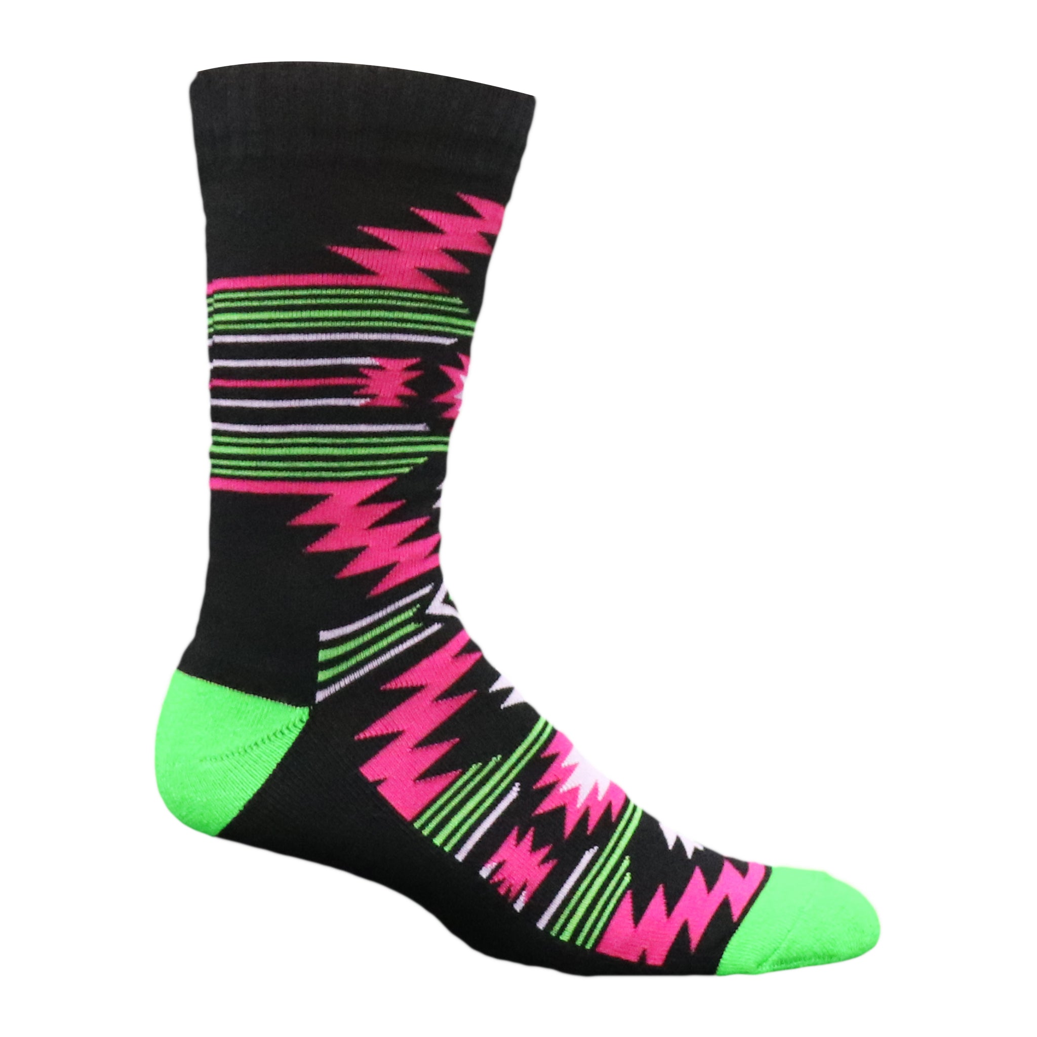 A pair of Aztec Lightning Crew Socks featuring vibrant native patterns in bright colors, perfect for sports and casual wear.