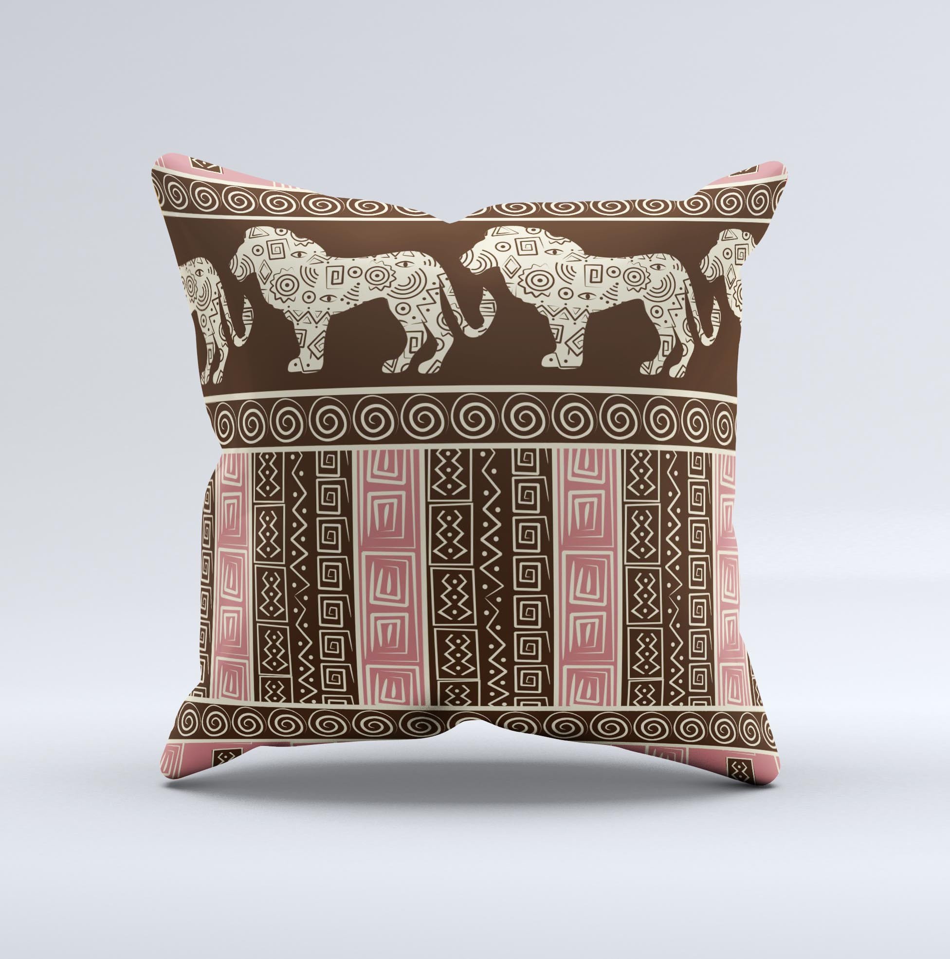 Aztec Pink Brown Lion Pattern decorative throw pillow with intricate design, handcrafted in Virginia, showcasing vibrant colors and high-quality fabric.