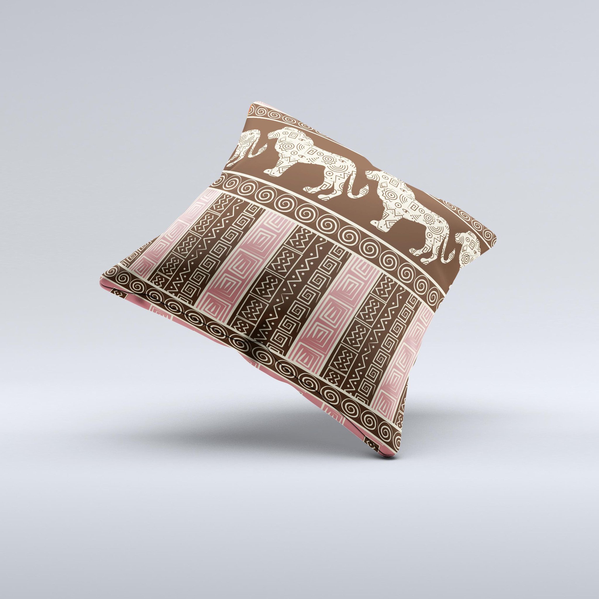 Aztec Pink Brown Lion Pattern decorative throw pillow with intricate design, handcrafted in Virginia, showcasing vibrant colors and high-quality fabric.