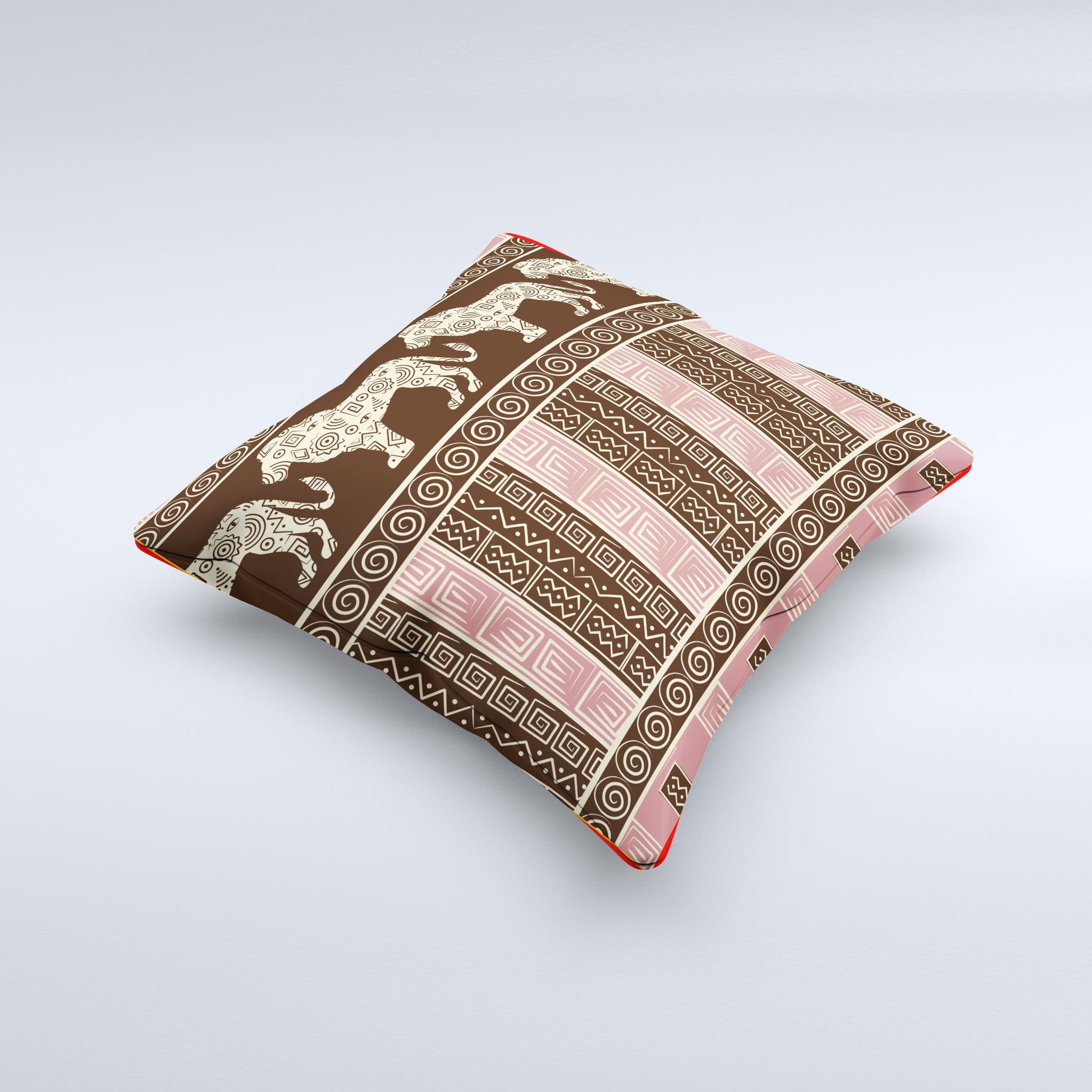 Aztec Pink Brown Lion Pattern decorative throw pillow with intricate design, handcrafted in Virginia, showcasing vibrant colors and high-quality fabric.