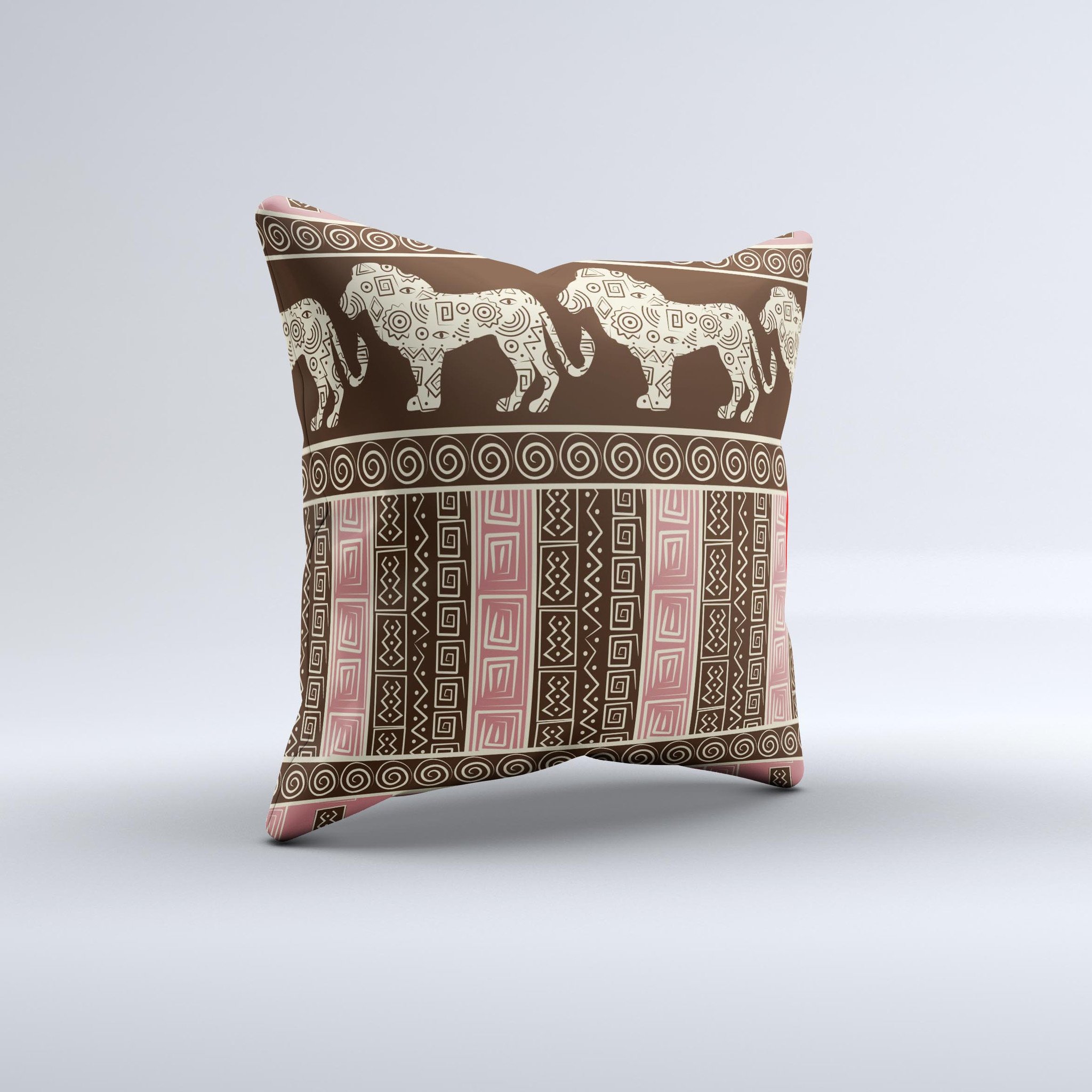 Aztec Pink Brown Lion Pattern decorative throw pillow with intricate design, handcrafted in Virginia, showcasing vibrant colors and high-quality fabric.