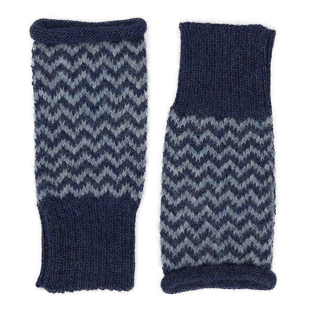 Azul Chevron Knit Alpaca Gloves in navy and sky blue, showcasing fingerless design and ribbed cuff for warmth.