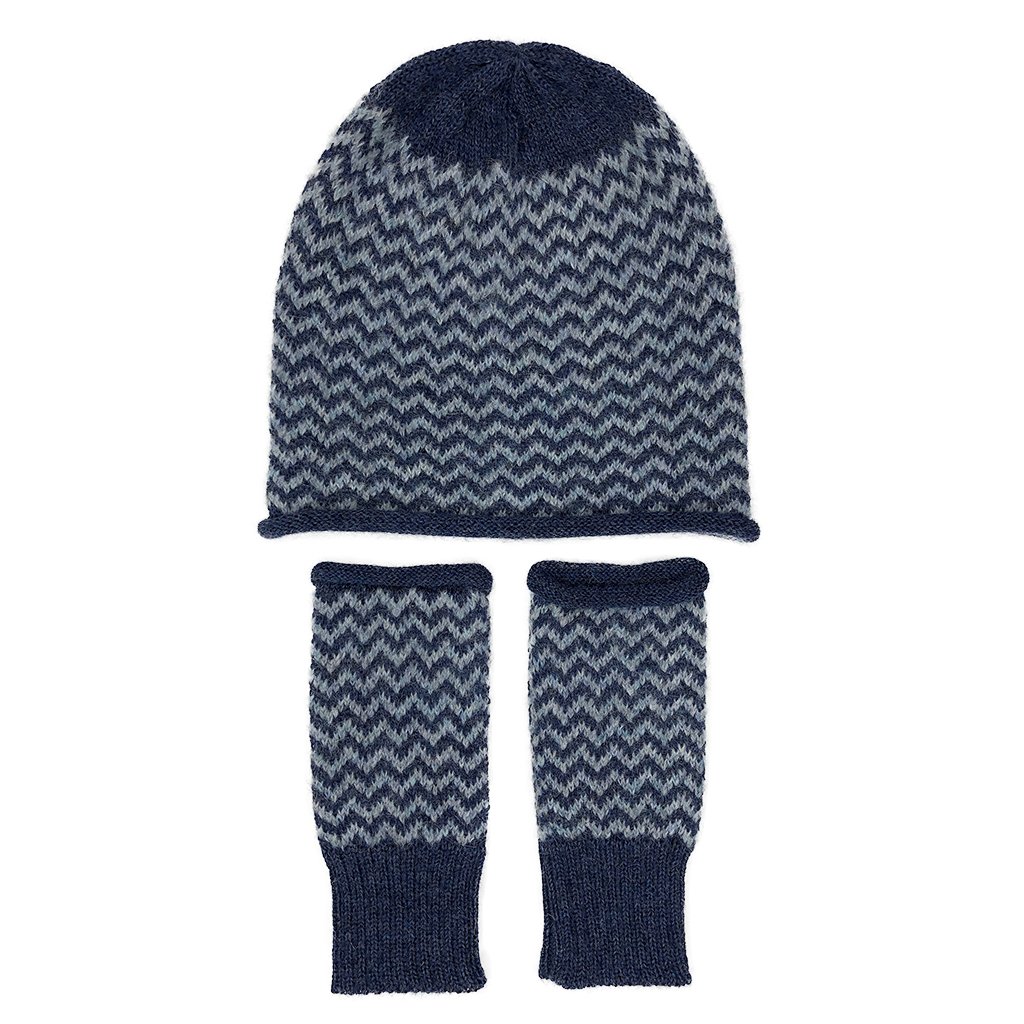 Azul Chevron Knit Alpaca Gloves in navy and sky blue, showcasing fingerless design and ribbed cuff for warmth.