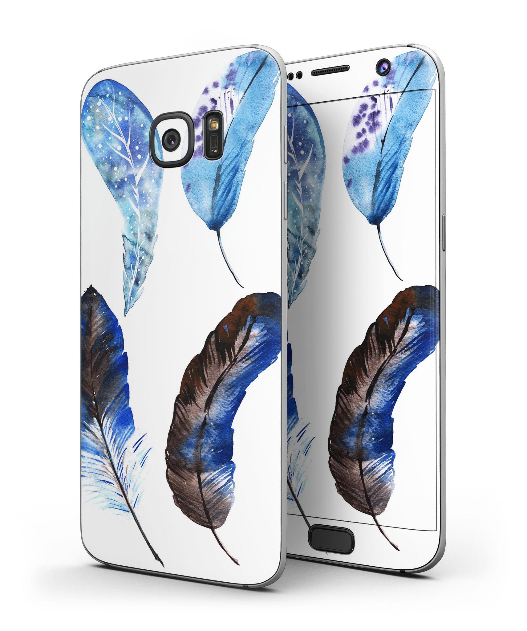 Azul Watercolor Feathers skin for Samsung Galaxy S7/S7 Edge, showcasing vibrant colors and intricate feather design.