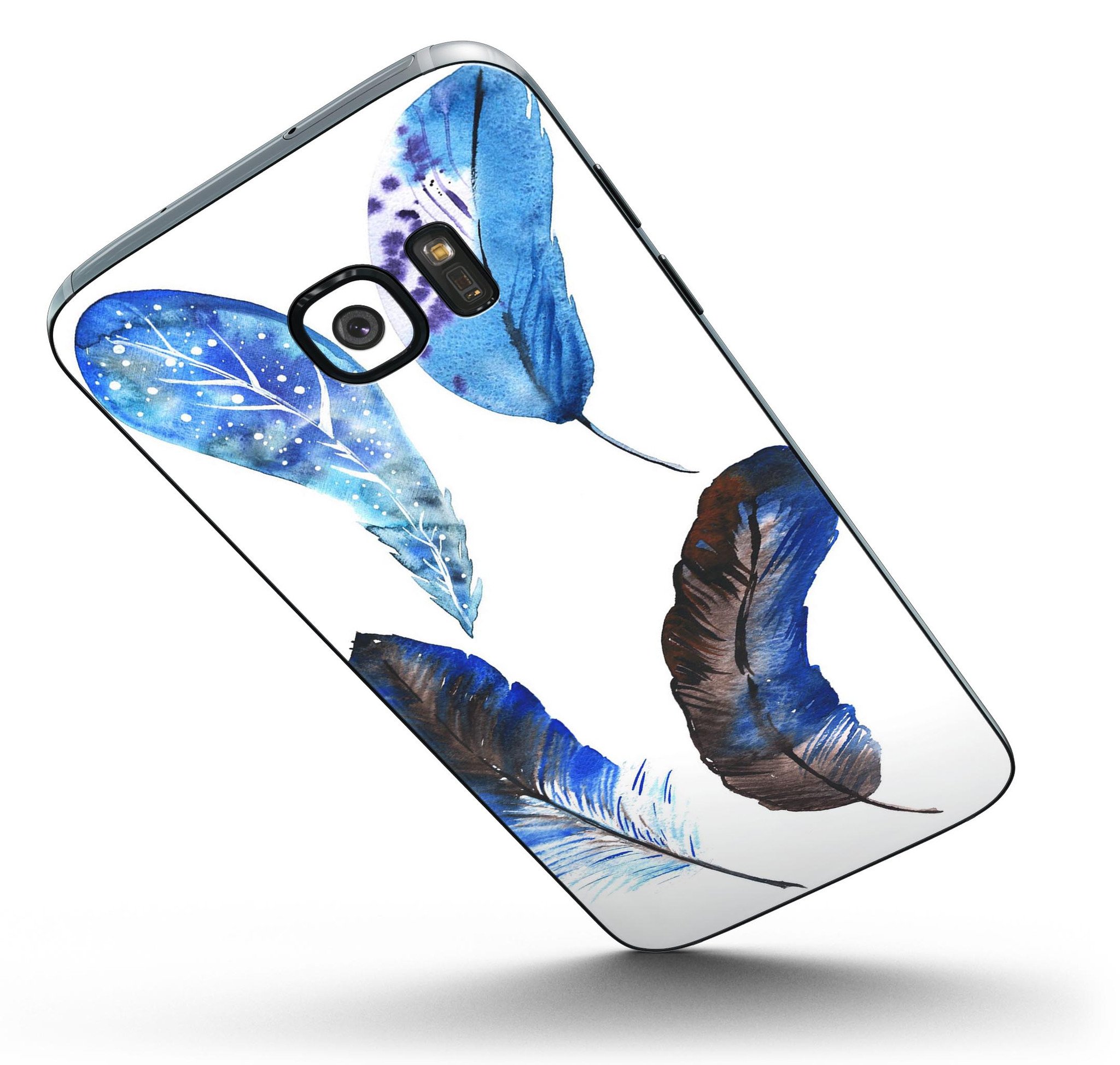 Azul Watercolor Feathers skin for Samsung Galaxy S7/S7 Edge, showcasing vibrant colors and intricate feather design.