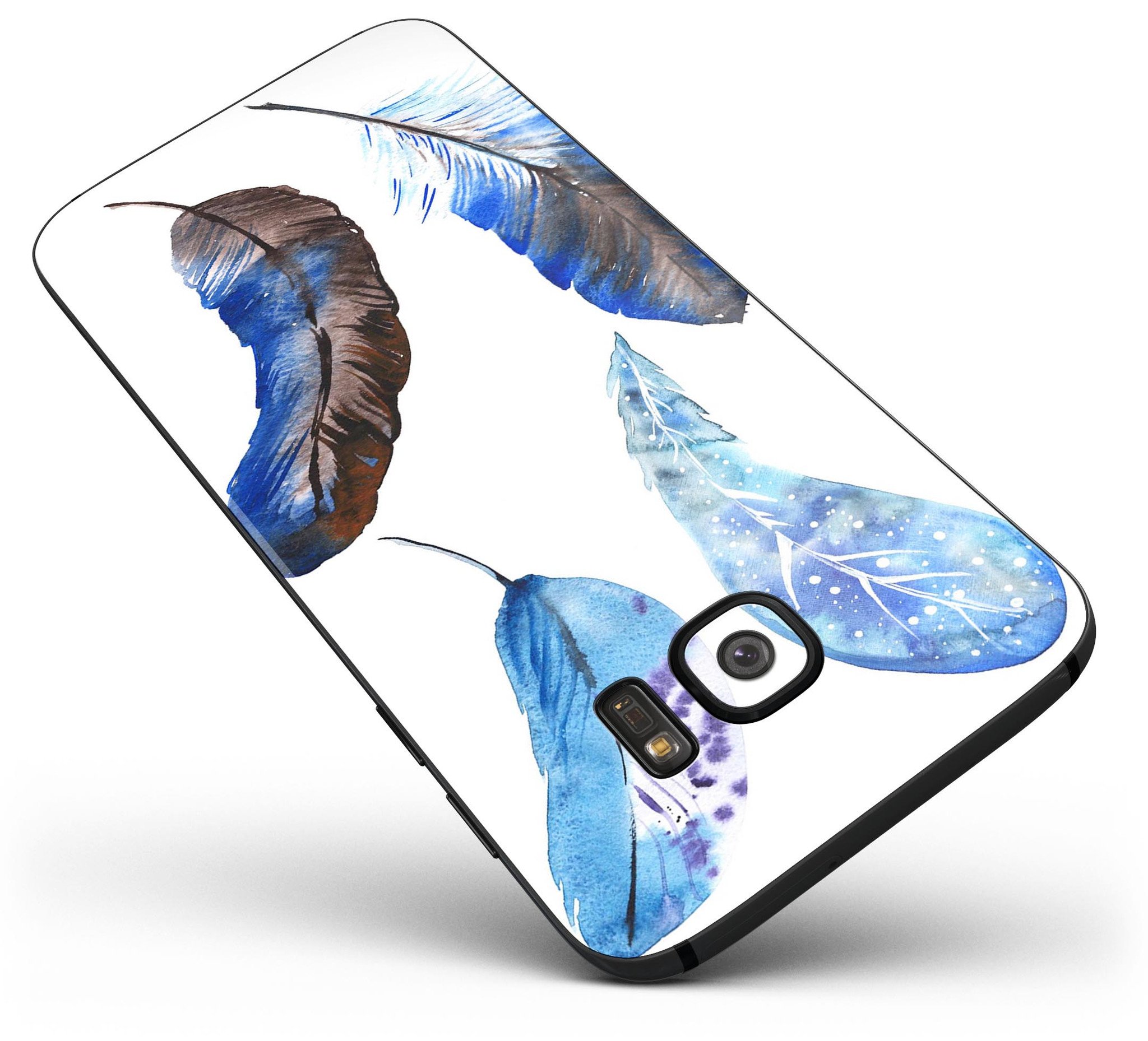 Azul Watercolor Feathers skin for Samsung Galaxy S7/S7 Edge, showcasing vibrant colors and intricate feather design.