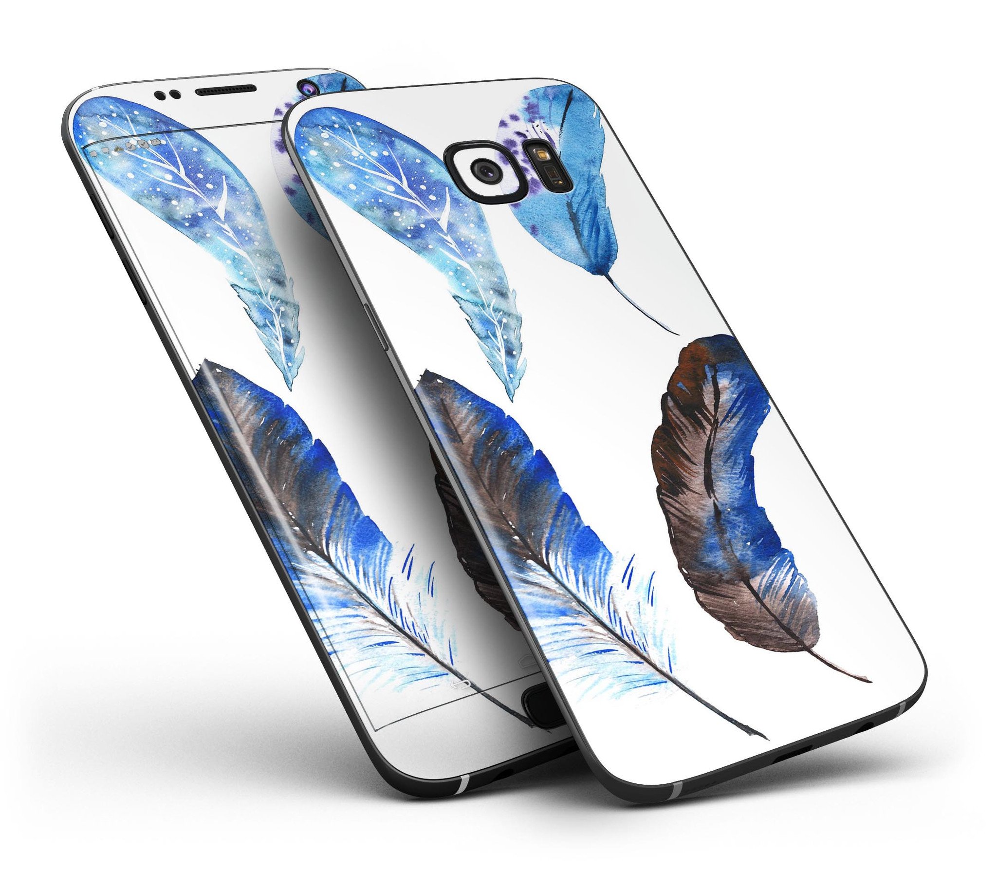 Azul Watercolor Feathers skin for Samsung Galaxy S7/S7 Edge, showcasing vibrant colors and intricate feather design.