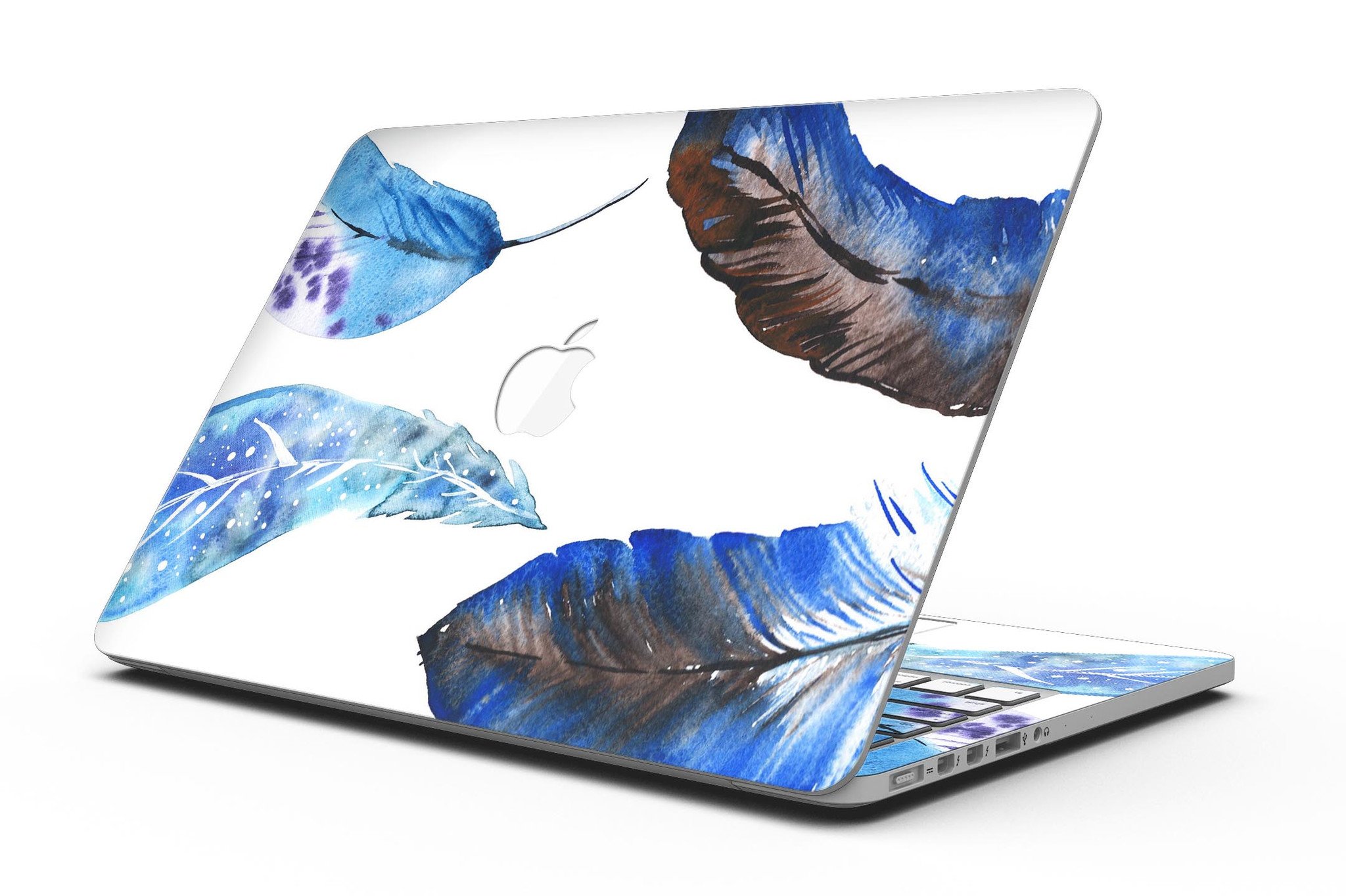 Azul Watercolor Feathers skin for MacBook Pro with Retina Display, showcasing vibrant feather design on a sleek vinyl surface.