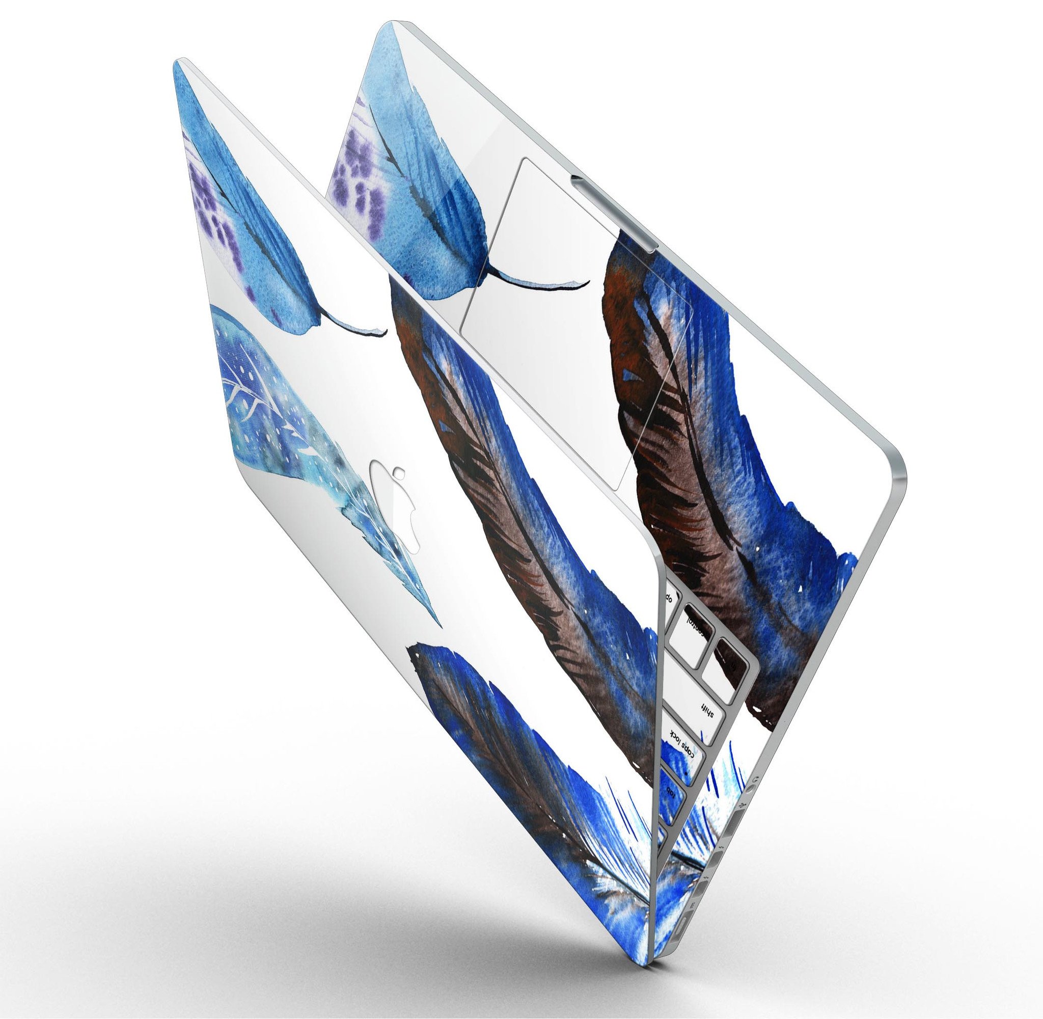 Azul Watercolor Feathers skin for MacBook Pro with Retina Display, showcasing vibrant feather design on a sleek vinyl surface.