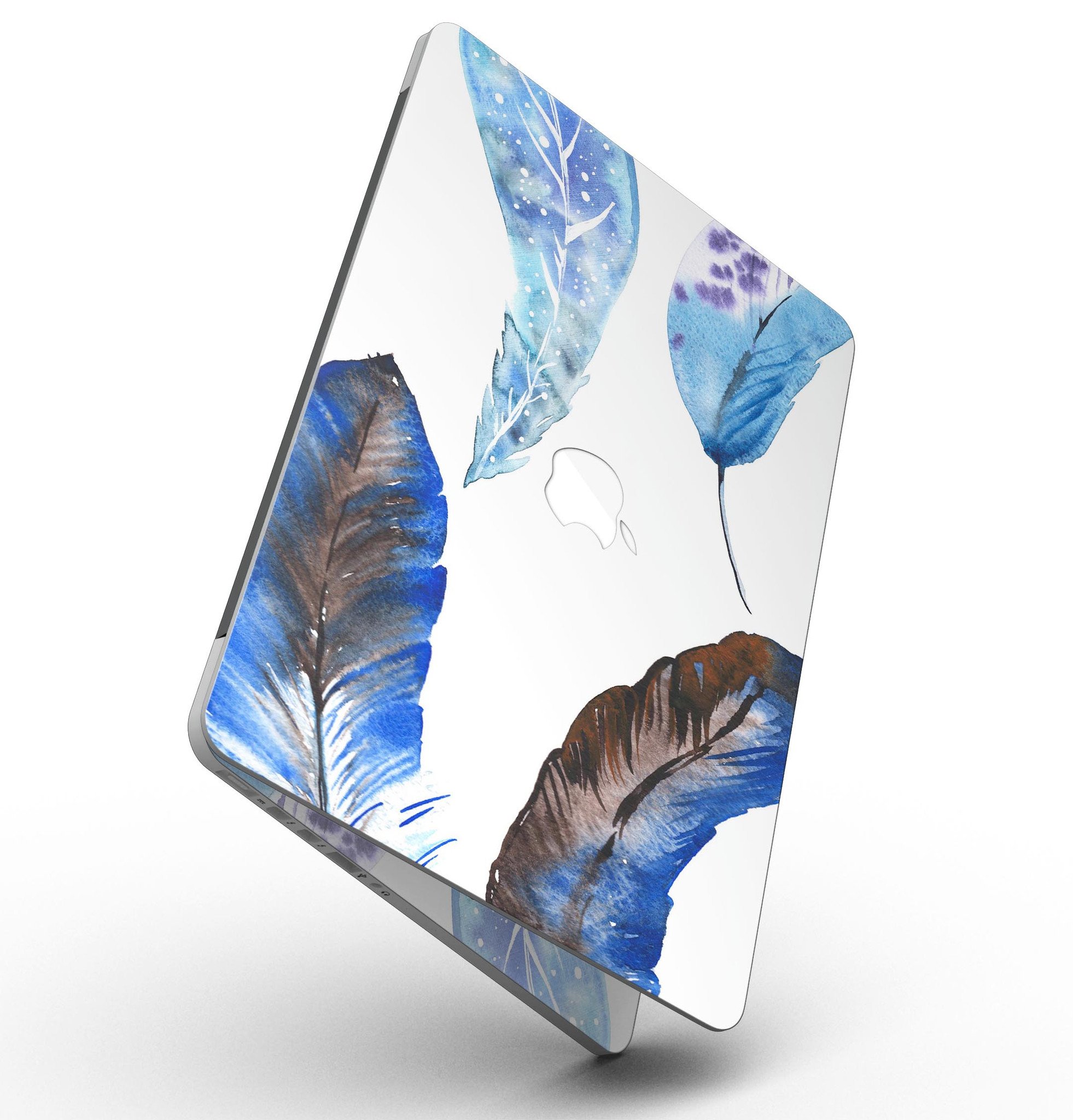 Azul Watercolor Feathers skin for MacBook Pro with Retina Display, showcasing vibrant feather design on a sleek vinyl surface.