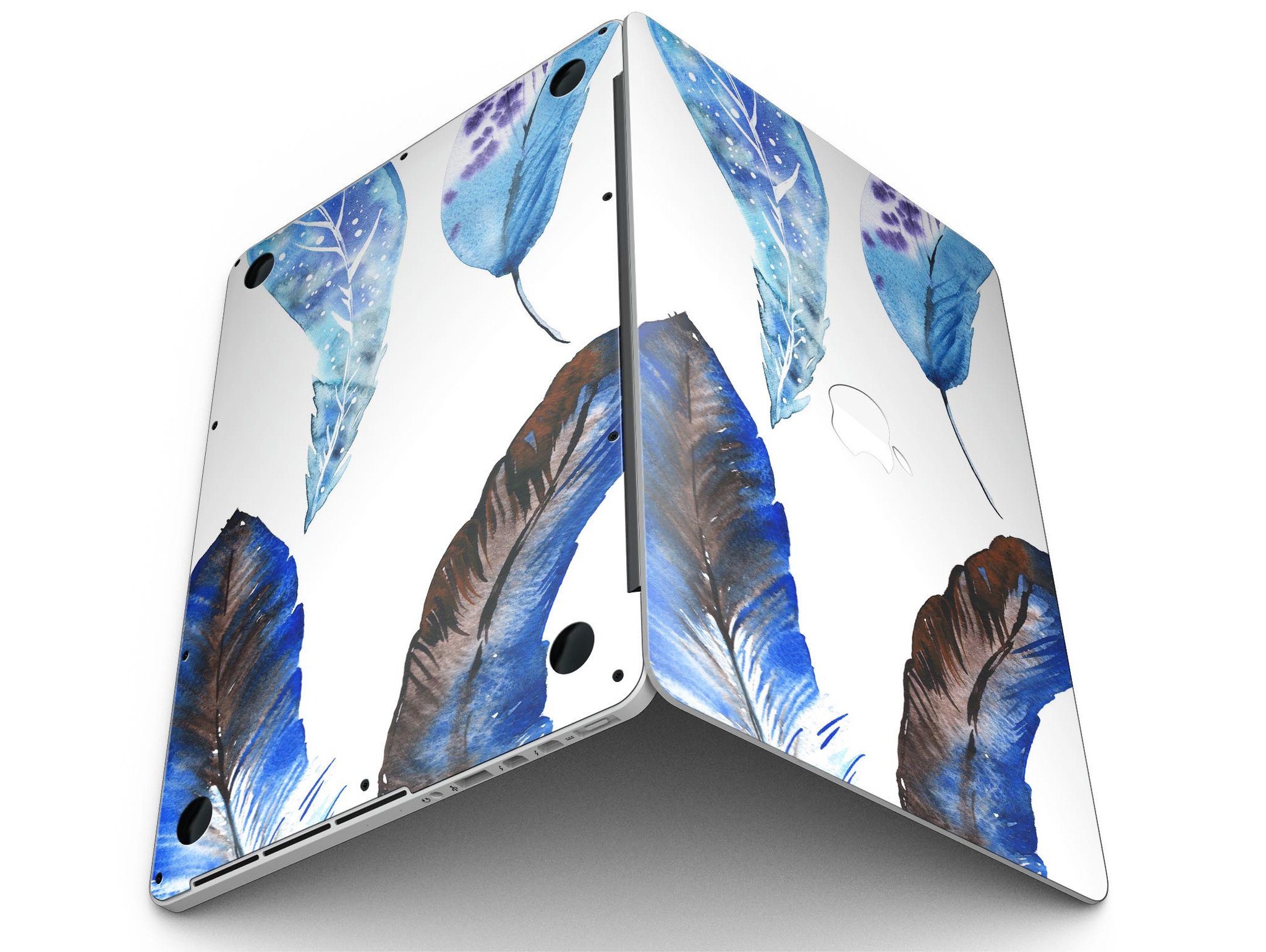 Azul Watercolor Feathers skin for MacBook Pro with Retina Display, showcasing vibrant feather design on a sleek vinyl surface.