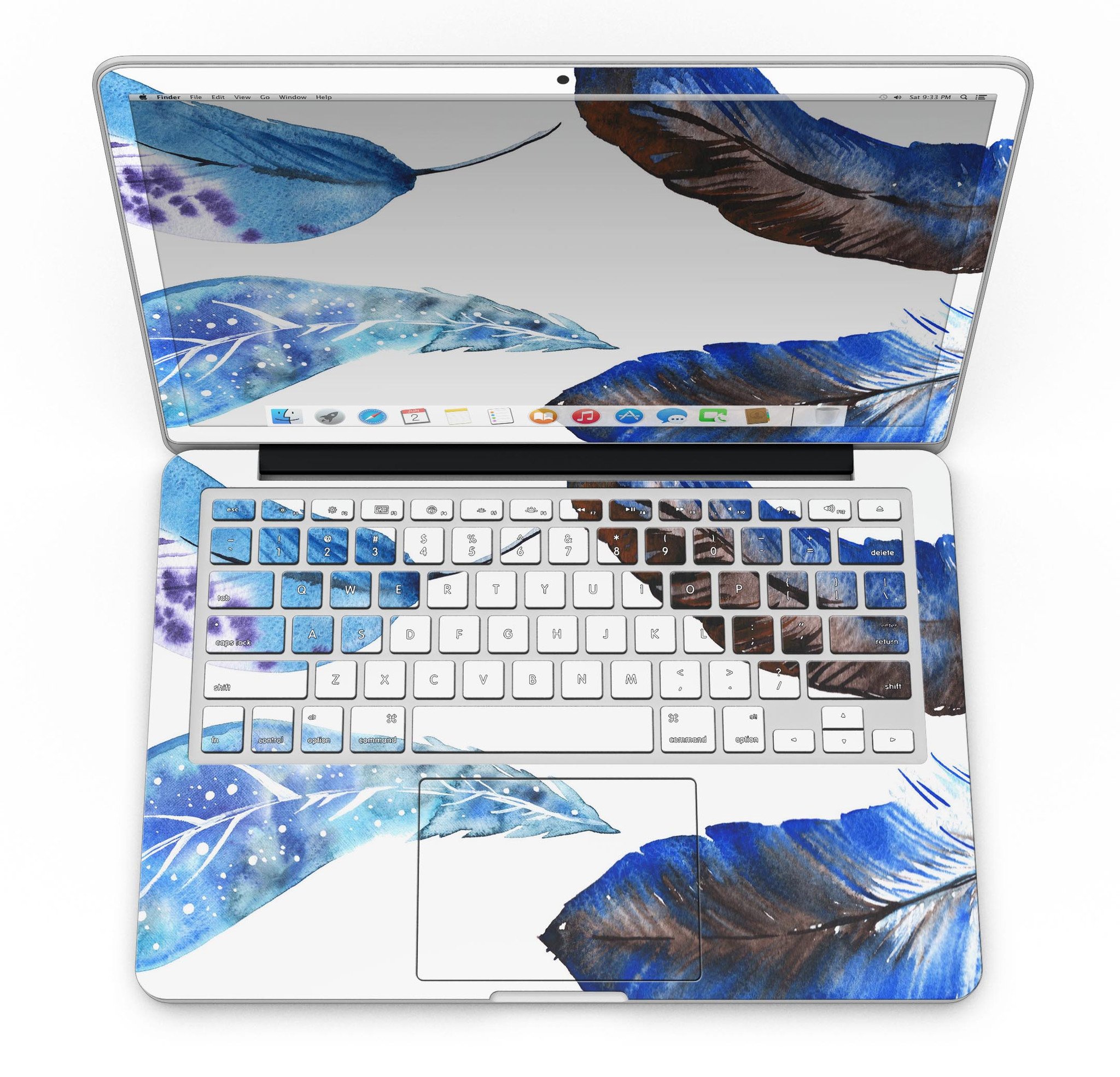 Azul Watercolor Feathers skin for MacBook Pro with Retina Display, showcasing vibrant feather design on a sleek vinyl surface.