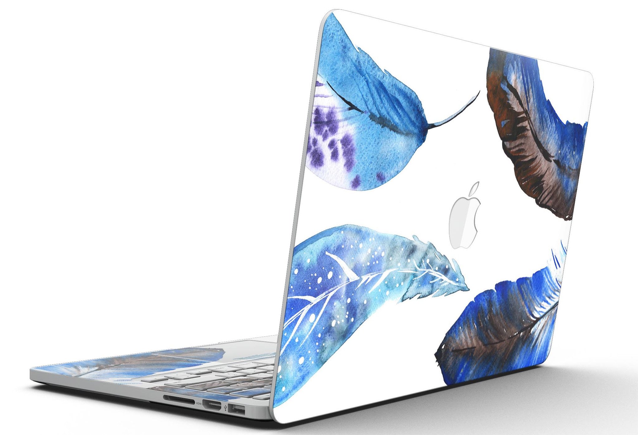 Azul Watercolor Feathers skin for MacBook Pro with Retina Display, showcasing vibrant feather design on a sleek vinyl surface.