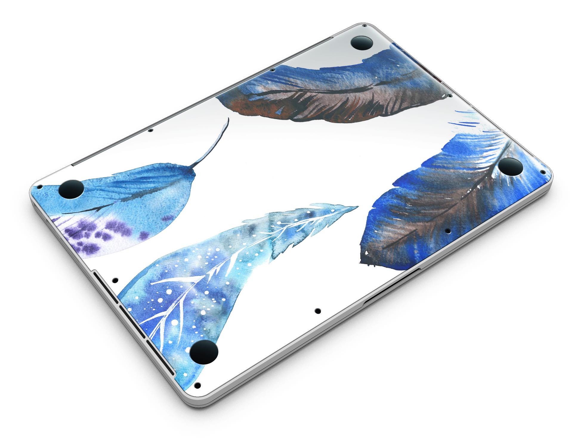 Azul Watercolor Feathers skin for MacBook Pro with Retina Display, showcasing vibrant feather design on a sleek vinyl surface.