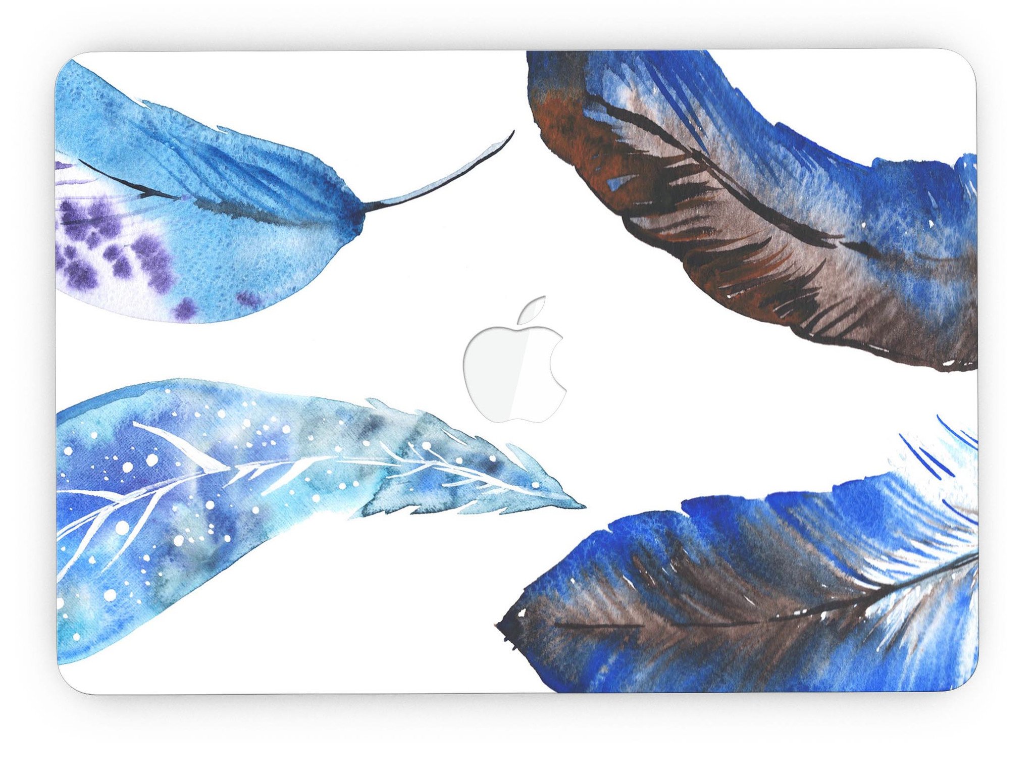 Azul Watercolor Feathers skin for MacBook Pro with Retina Display, showcasing vibrant feather design on a sleek vinyl surface.