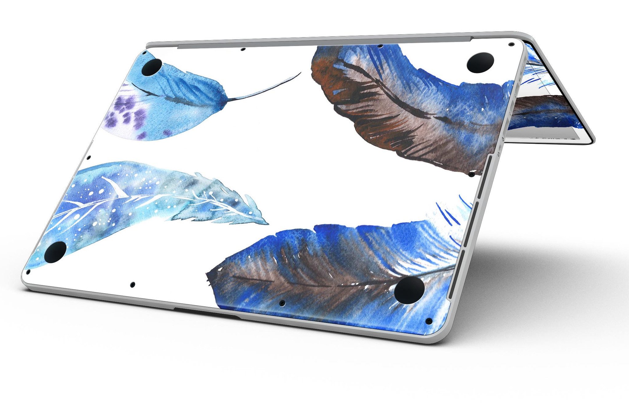 Azul Watercolor Feathers skin for MacBook Pro with Retina Display, showcasing vibrant feather design on a sleek vinyl surface.