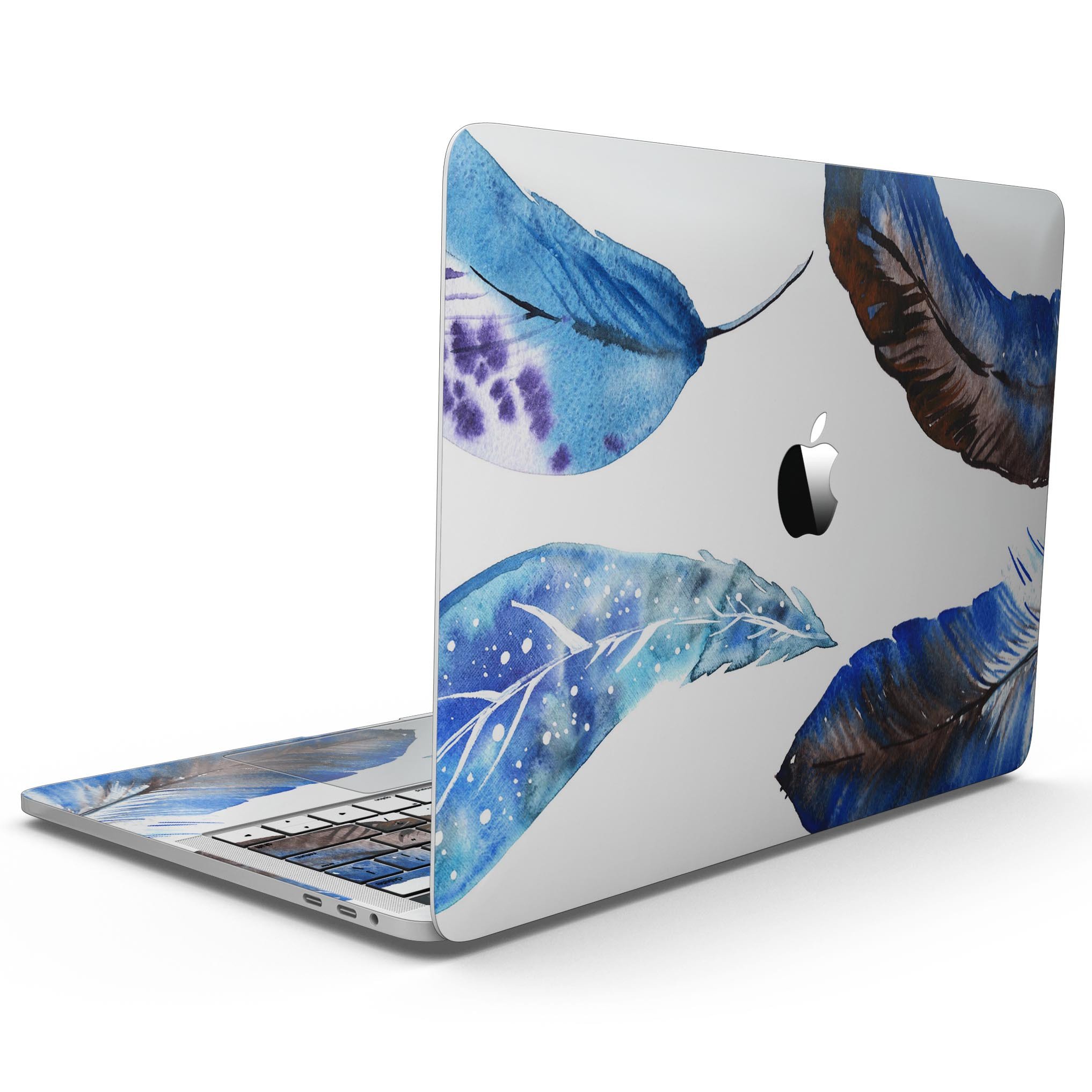 Azul Watercolor Feathers skin kit for MacBook Pro with Touch Bar, showcasing vibrant feather designs on premium vinyl.