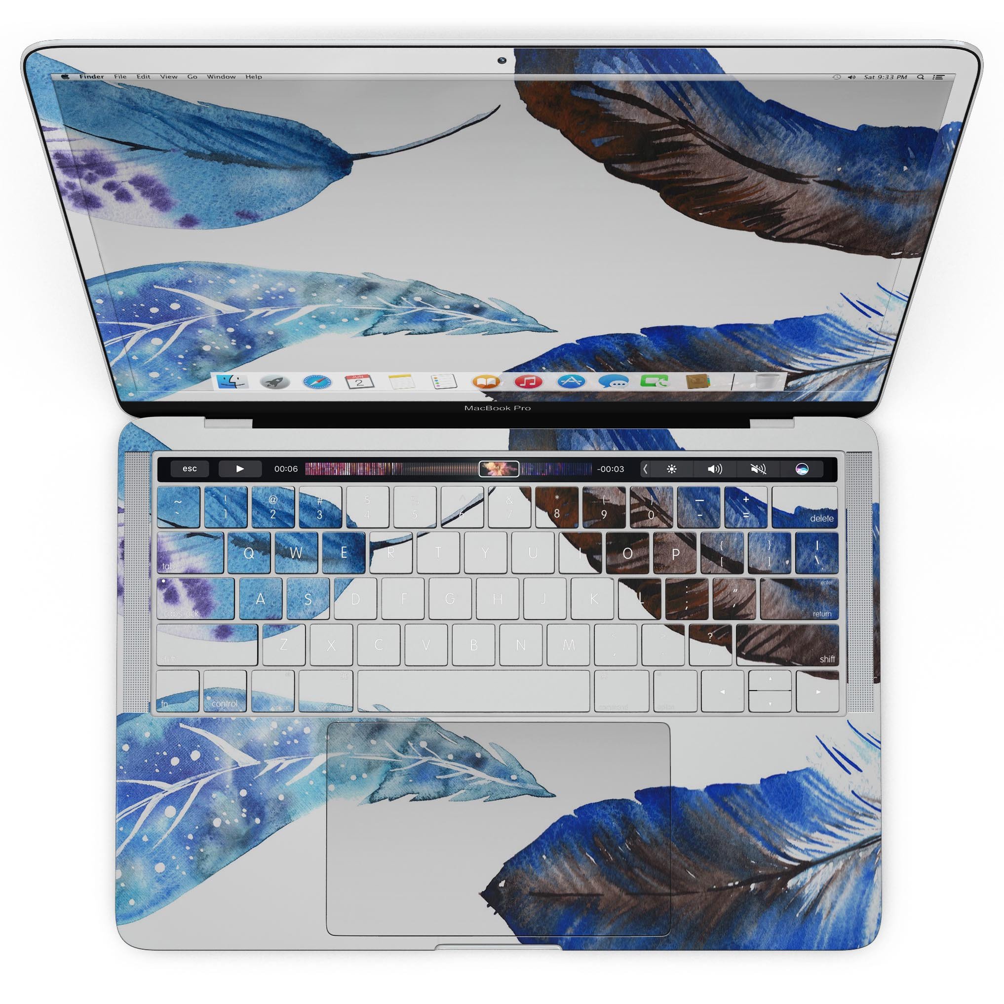 Azul Watercolor Feathers skin kit for MacBook Pro with Touch Bar, showcasing vibrant feather designs on premium vinyl.