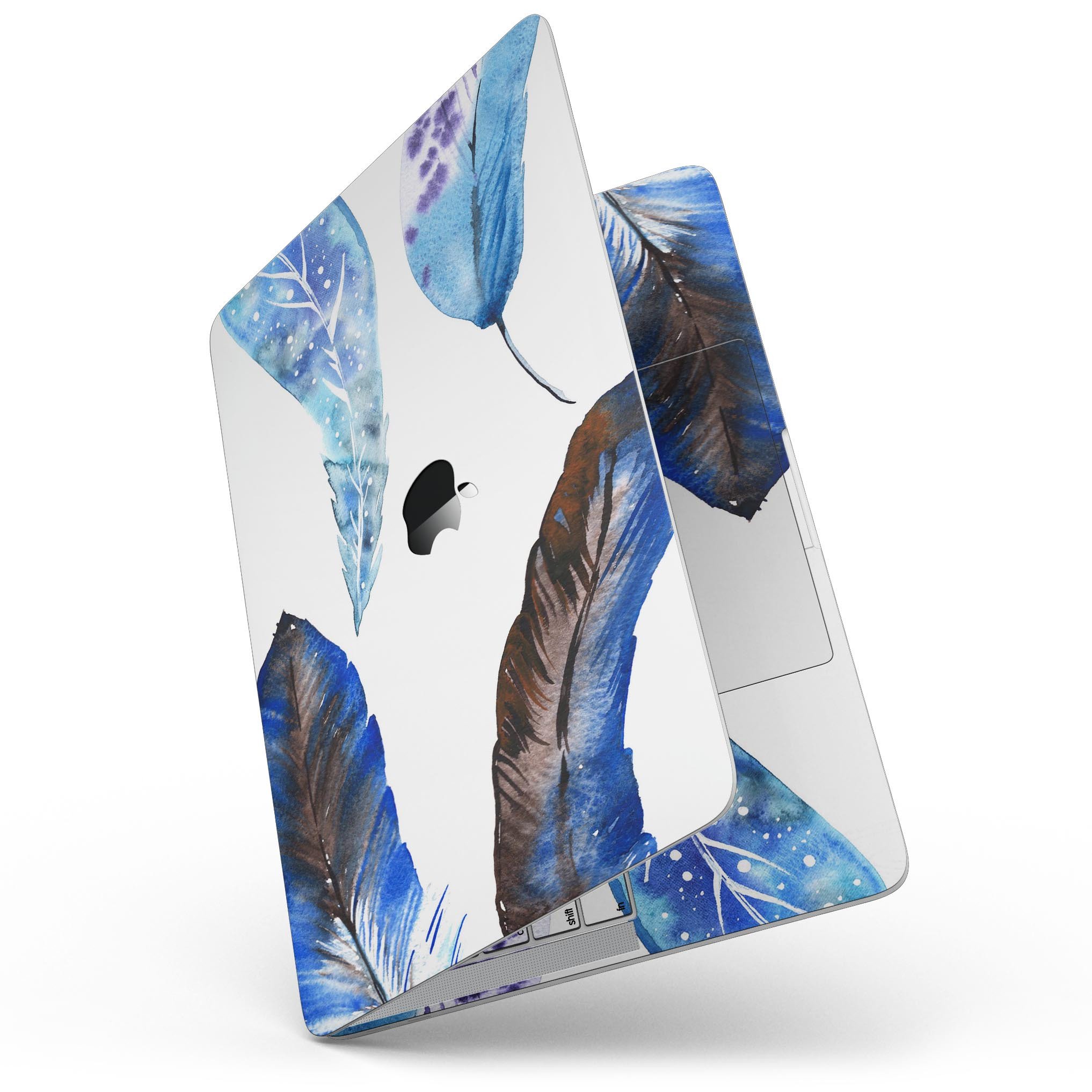 Azul Watercolor Feathers skin kit for MacBook Pro with Touch Bar, showcasing vibrant feather designs on premium vinyl.