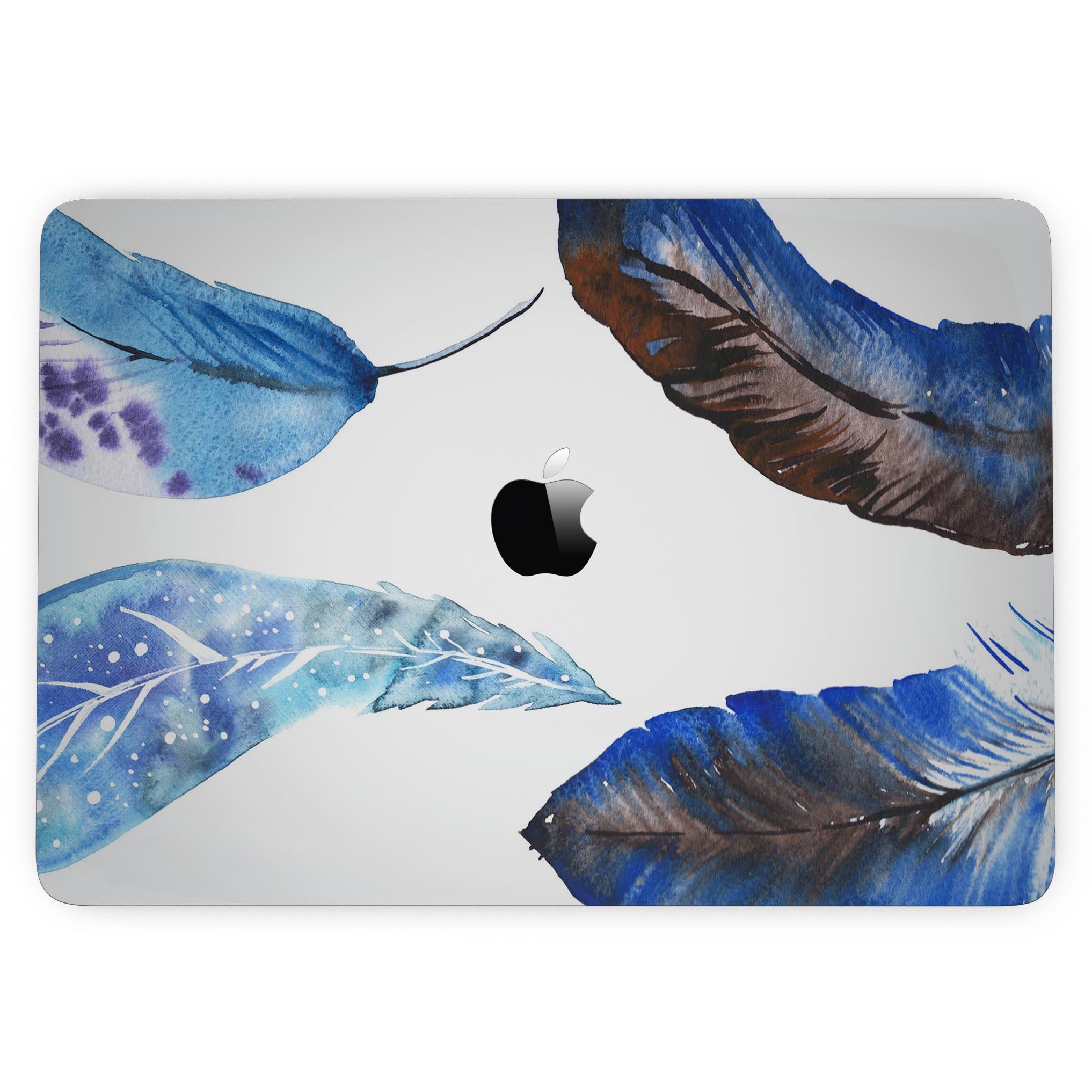 Azul Watercolor Feathers skin kit for MacBook Pro with Touch Bar, showcasing vibrant feather designs on premium vinyl.