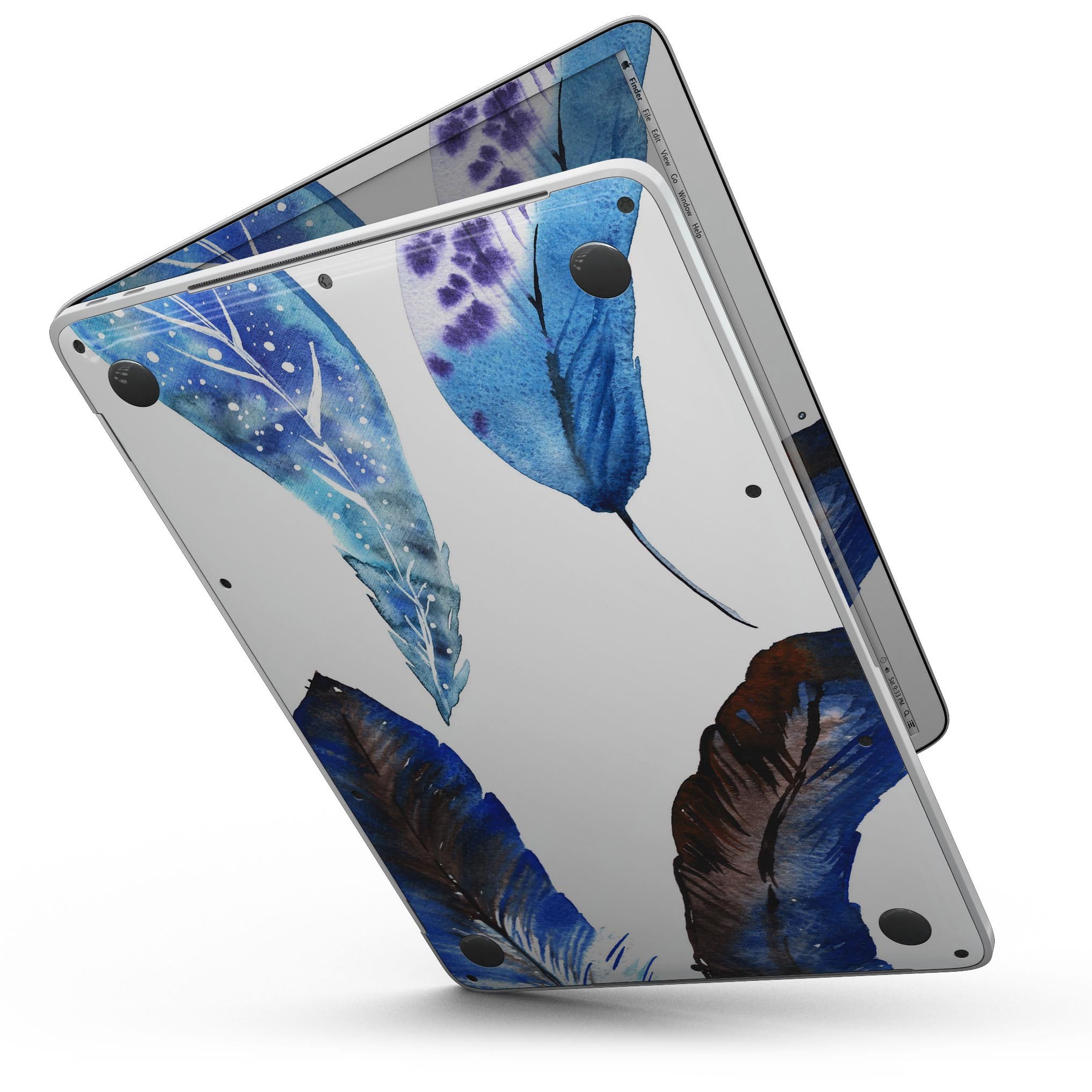 Azul Watercolor Feathers skin kit for MacBook Pro with Touch Bar, showcasing vibrant feather designs on premium vinyl.