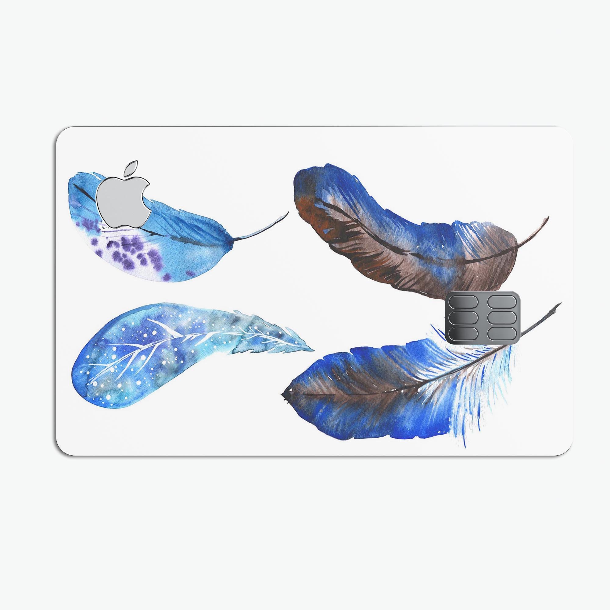 Azul Watercolor Feathers decal skin kit for Apple Card, showcasing vibrant colors and premium vinyl material.