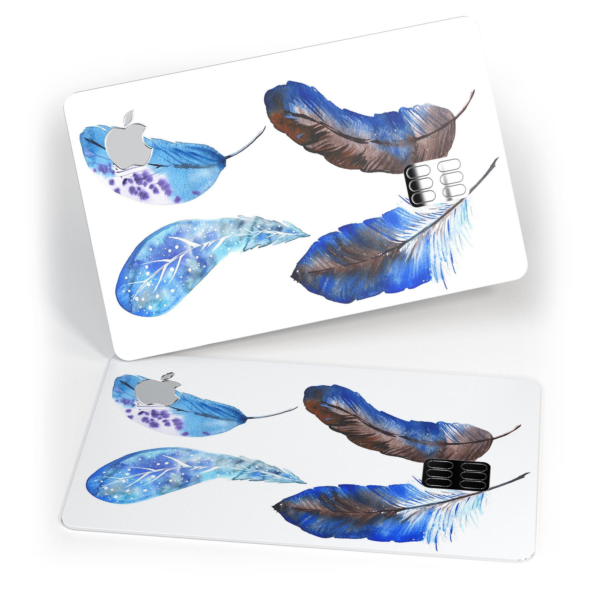 Azul Watercolor Feathers decal skin kit for Apple Card, showcasing vibrant colors and premium vinyl material.