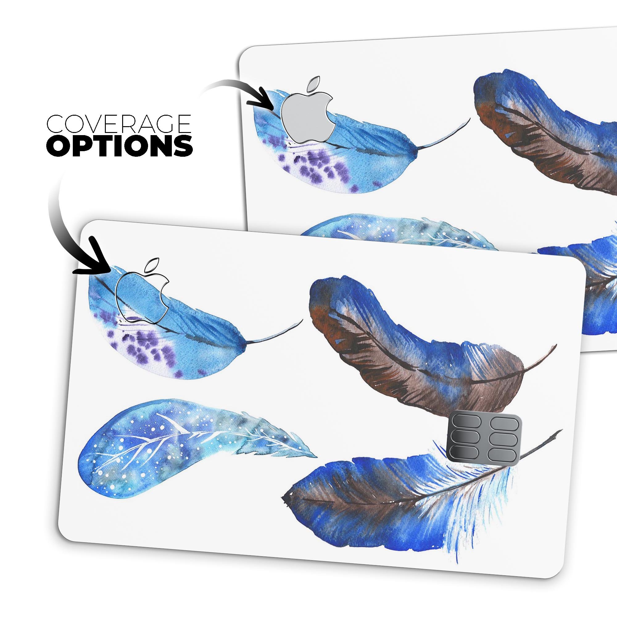 Azul Watercolor Feathers decal skin kit for Apple Card, showcasing vibrant colors and premium vinyl material.