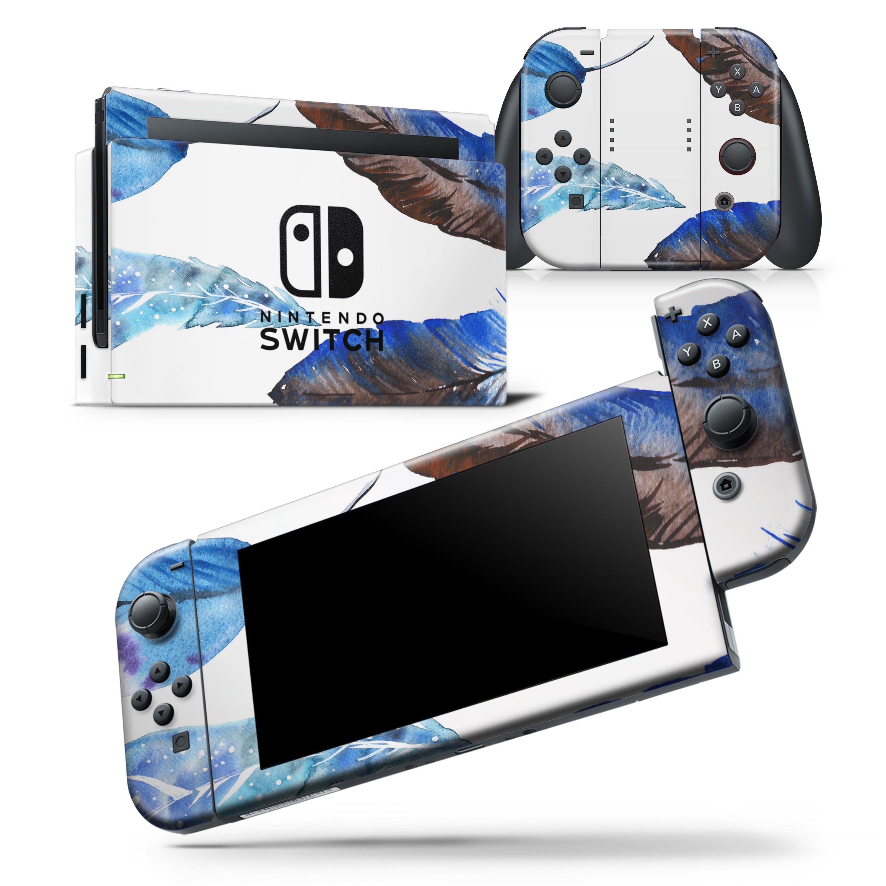 Azul Watercolor Feathers skin wrap decal for Nintendo Switch Lite, showcasing vibrant colors and intricate feather designs.