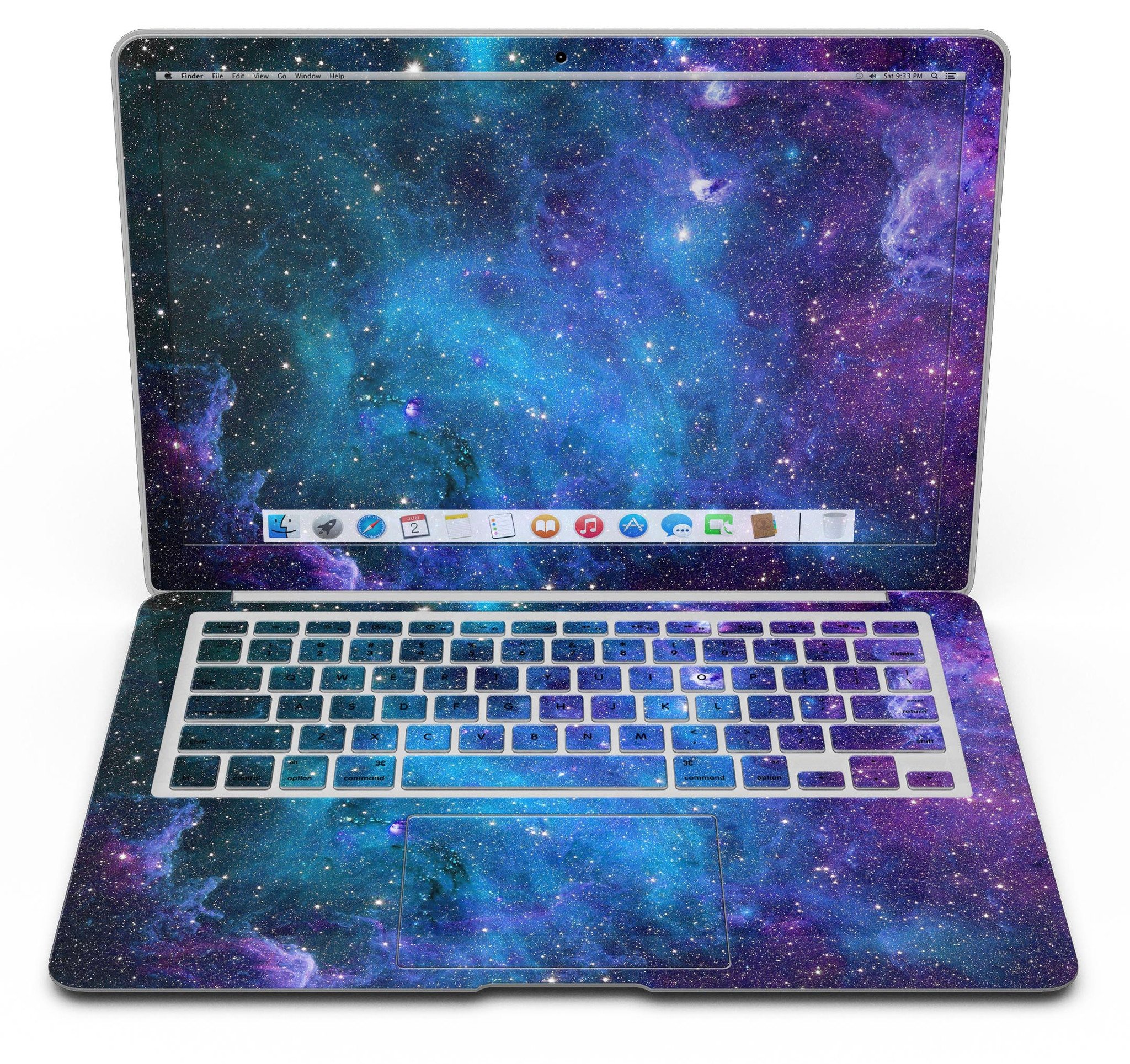 Azure Nebula MacBook Air Skin Kit showcasing vibrant colors and intricate patterns on a sleek device.