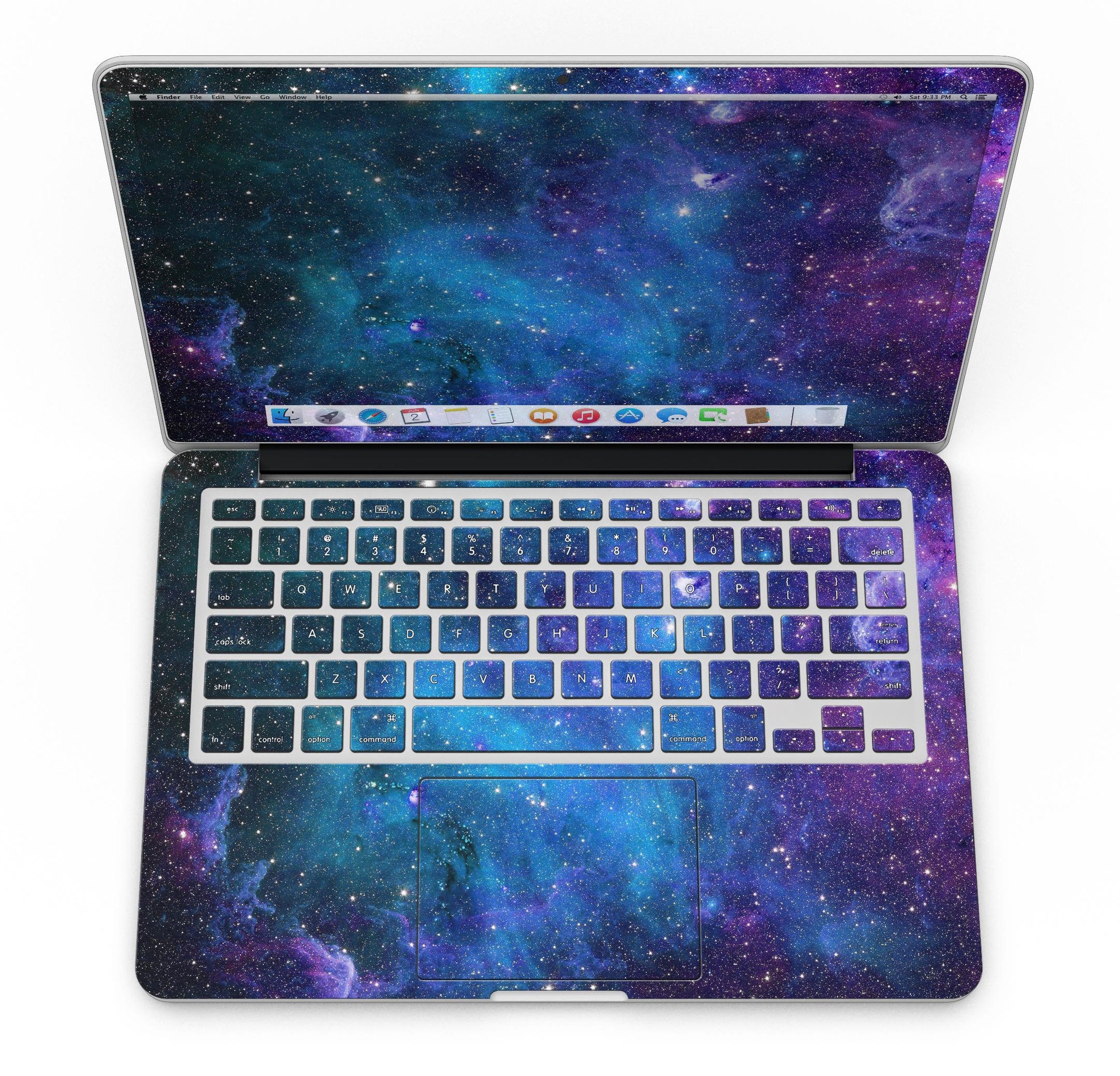 Azure Nebula skin kit for MacBook Pro with Retina Display, showcasing vibrant colors and premium vinyl material.