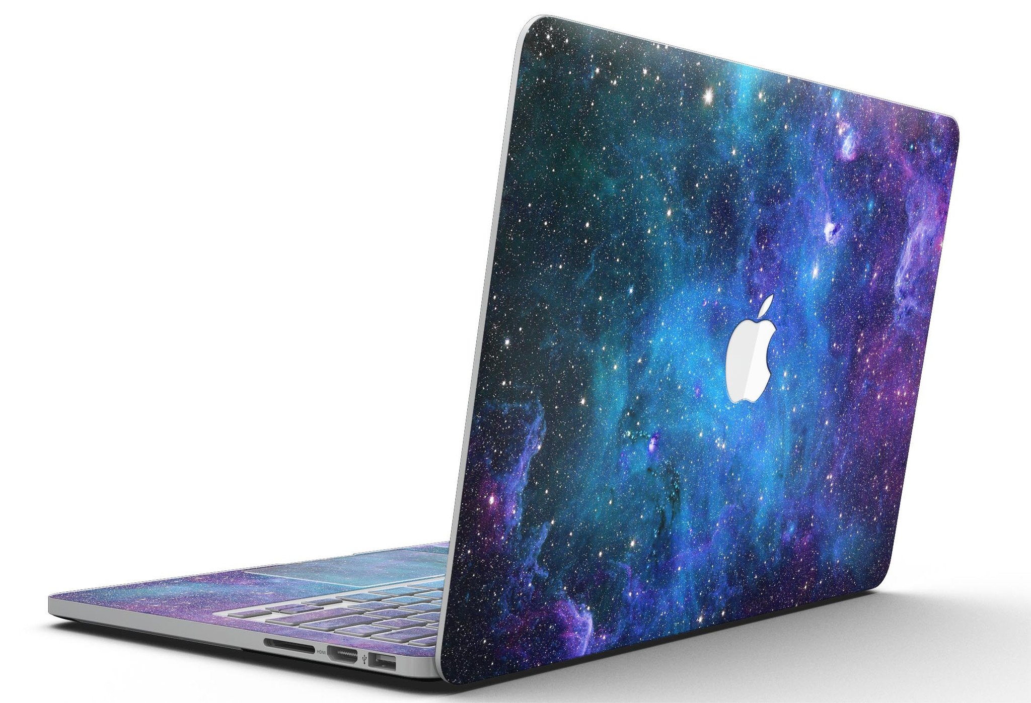 Azure Nebula skin kit for MacBook Pro with Retina Display, showcasing vibrant colors and premium vinyl material.