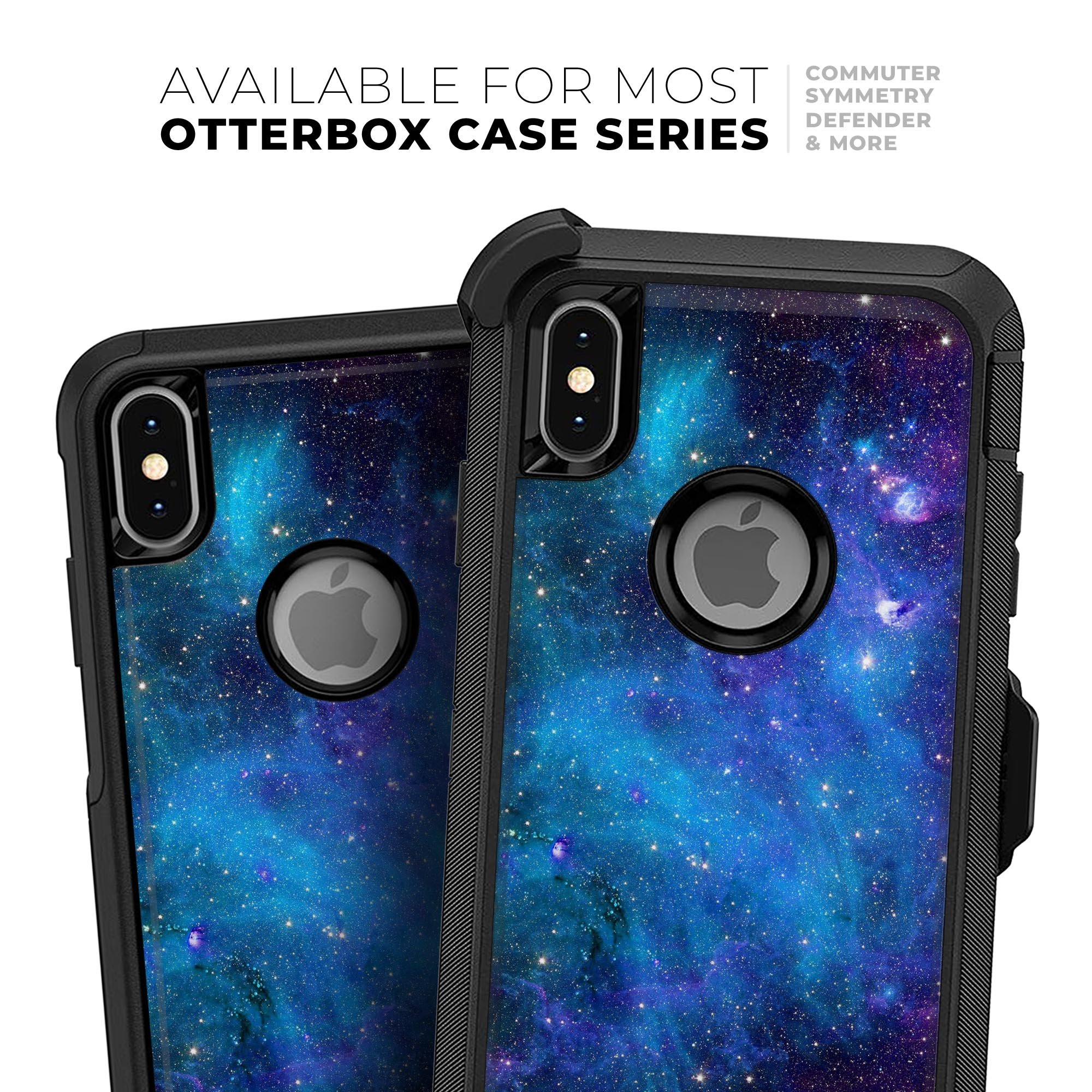 Azure Nebula Skin Kit for iPhone OtterBox Cases featuring a vibrant nebula design with deep blues and purples.