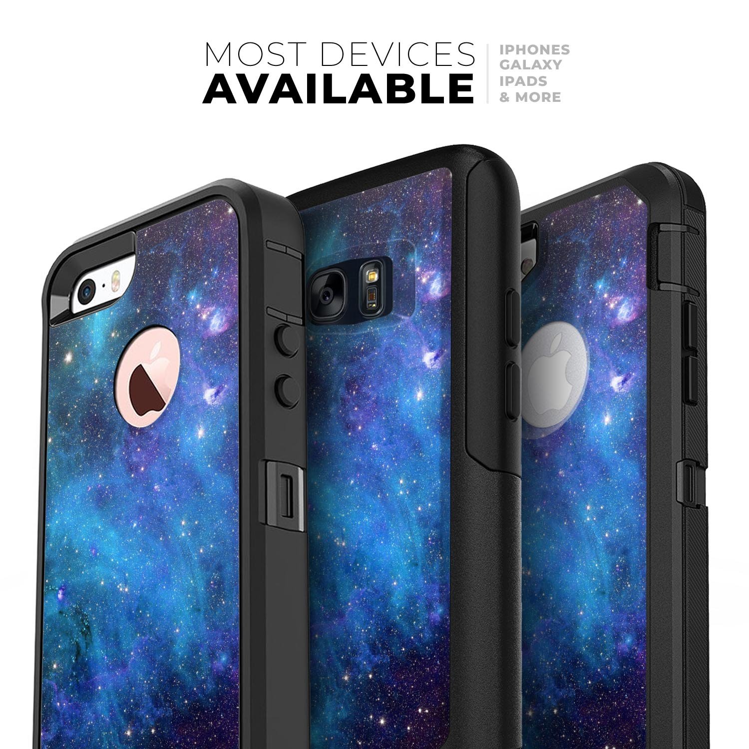 Azure Nebula Skin Kit for iPhone OtterBox Cases featuring a vibrant nebula design with deep blues and purples.