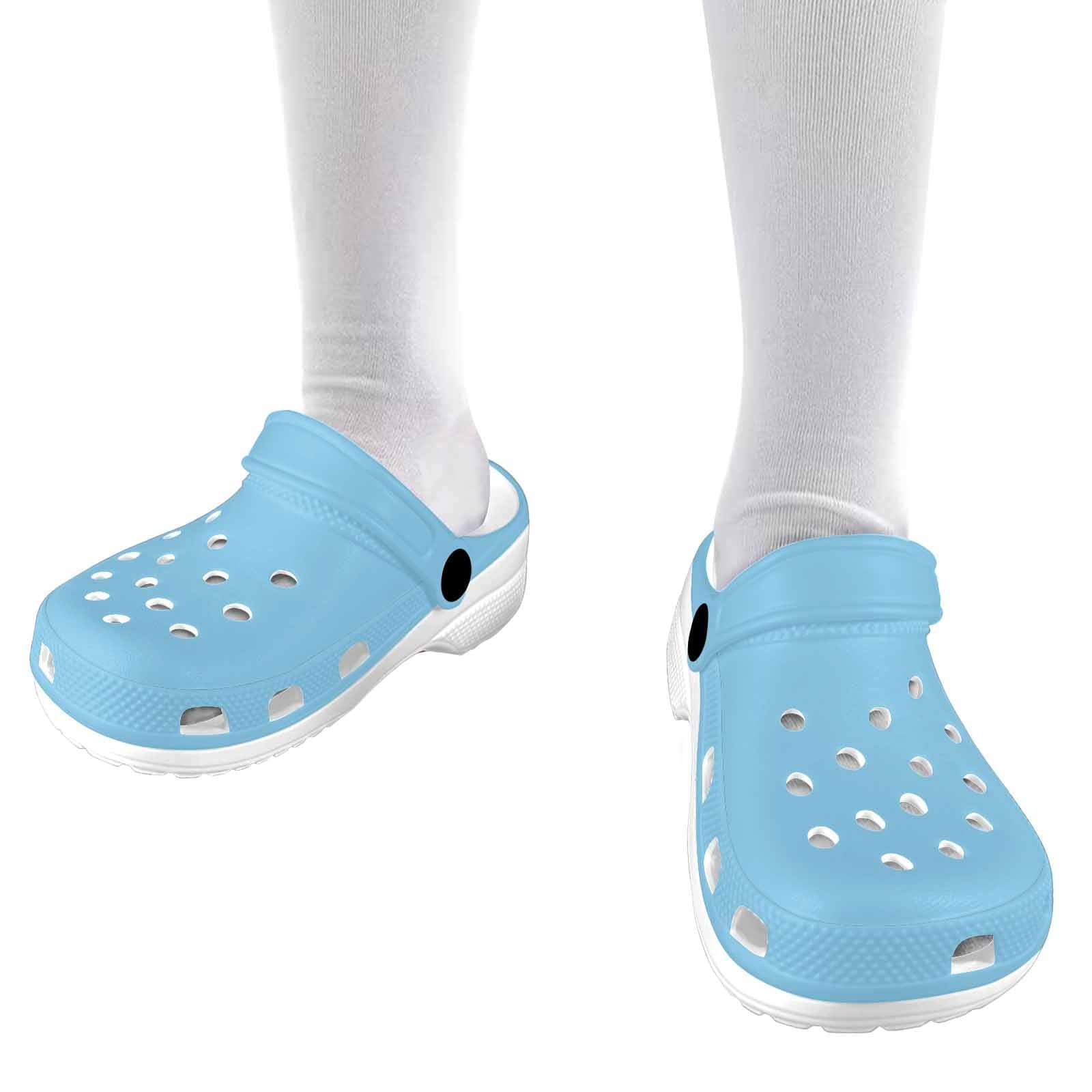 A pair of Baby Blue Clogs for Youth, featuring a lightweight design, breathable material, and cushioned sole, perfect for active kids.