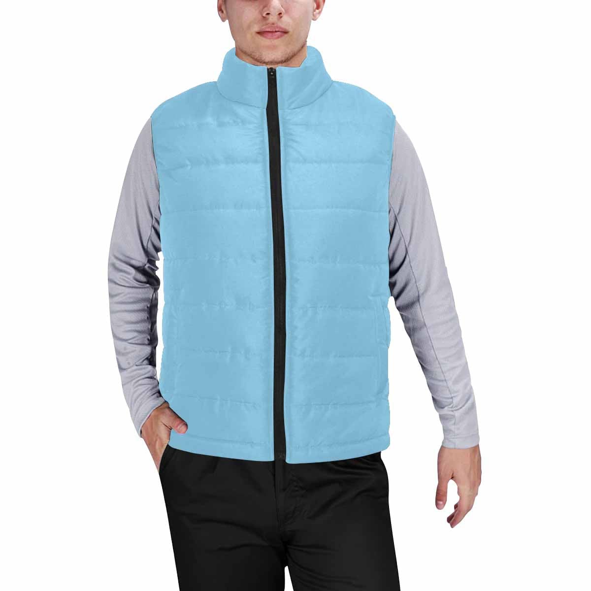 A stylish baby blue men's padded vest featuring a quilted design, perfect for layering in cool weather.