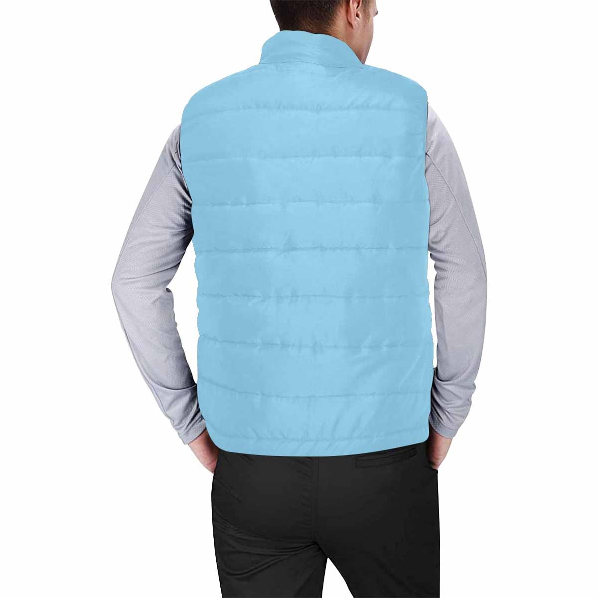 A stylish baby blue men's padded vest featuring a quilted design, perfect for layering in cool weather.