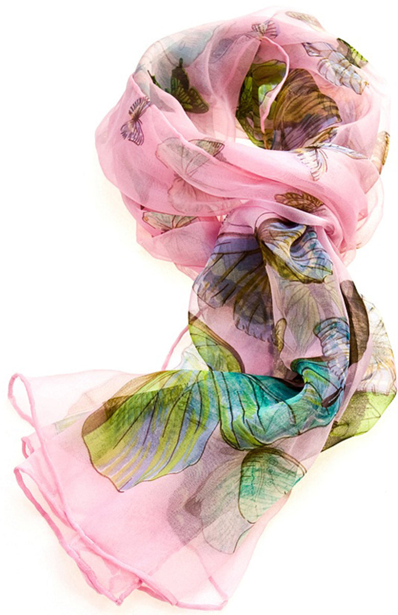 A beautiful Baby Pink Butterfly silk scarf, showcasing a delicate butterfly design, perfect for versatile styling.