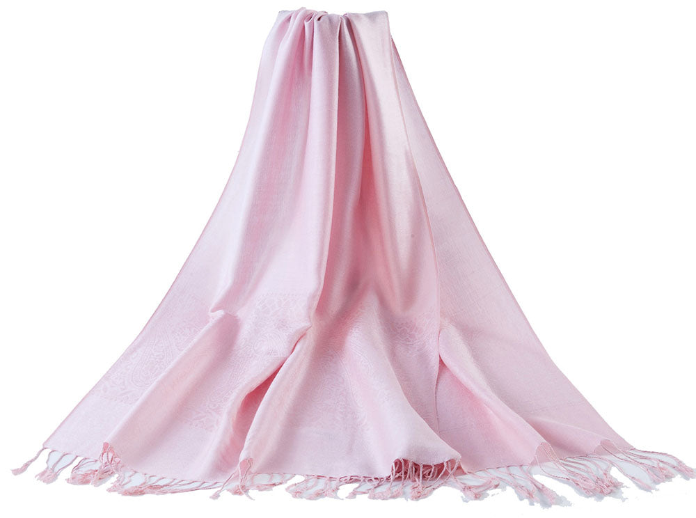 A soft and elegant Baby Pink Pashmina with fringe, perfect for wrapping or draping over dresses.