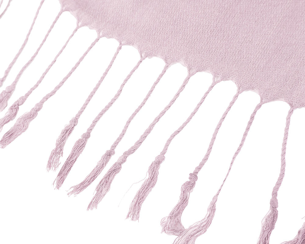 A soft and elegant Baby Pink Pashmina with fringe, perfect for wrapping or draping over dresses.