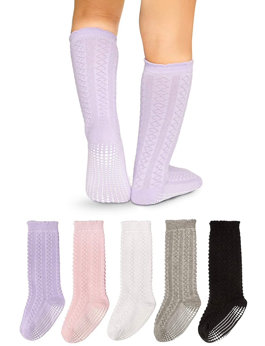 A colorful assortment of Baby Toddler Non-Slip Knee High Grip Socks, showcasing various patterns and colors designed for comfort and safety.