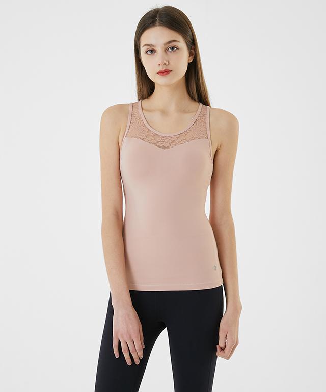 A stylish Back Slit Race Top featuring floral lace and breathable mesh fabric, perfect for workouts and casual wear.