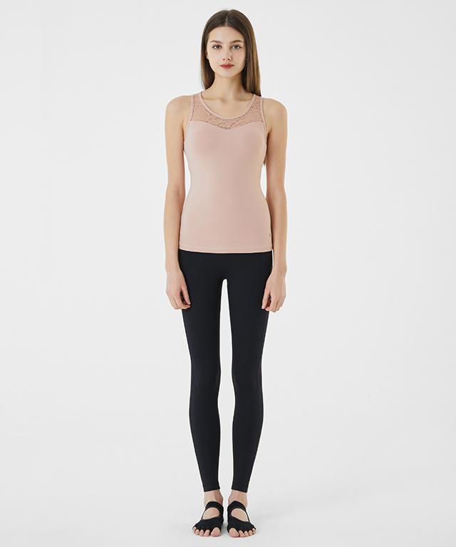 A stylish Back Slit Race Top featuring floral lace and breathable mesh fabric, perfect for workouts and casual wear.